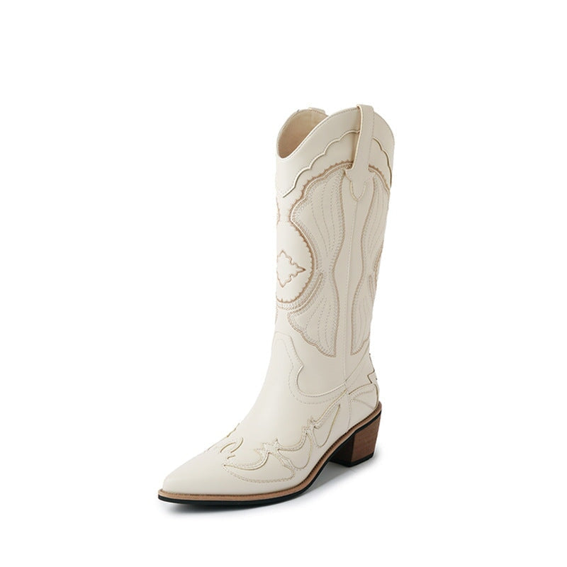 Womens Western Boots Mid Calf Contrast-stitching Cowboy Boots- White/Coffee Maxct