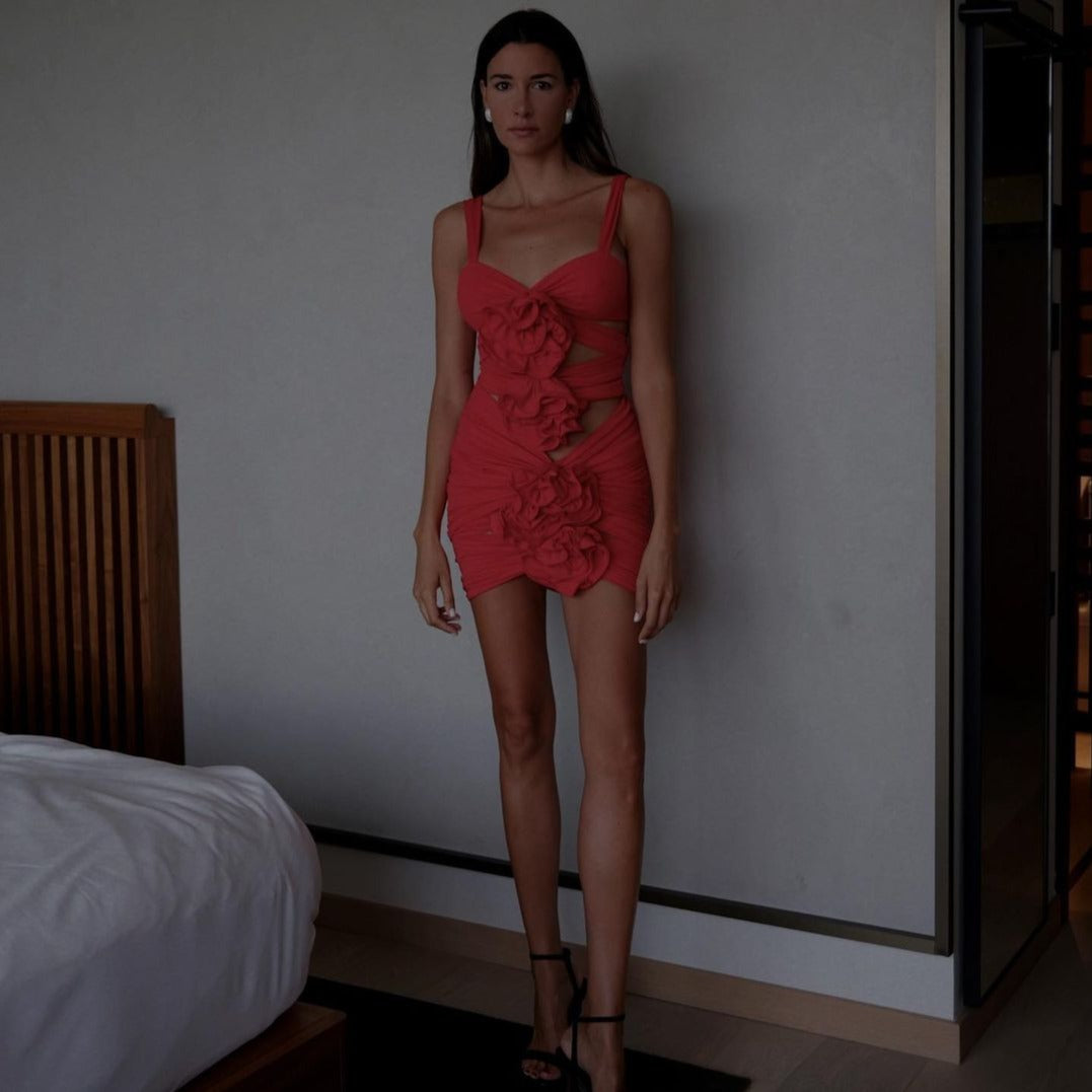 Radiant Rose Cutout Embellished Ruched Mini Dress Maxct