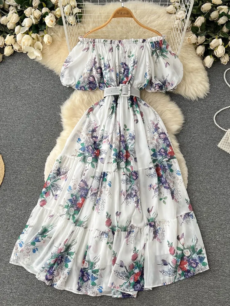 Bohemian Floral Chiffon Long Dress Women Sexy Off Shoulder Ruffle Puff Short Sleeve High Waist A-Line Big Swing Vestidos