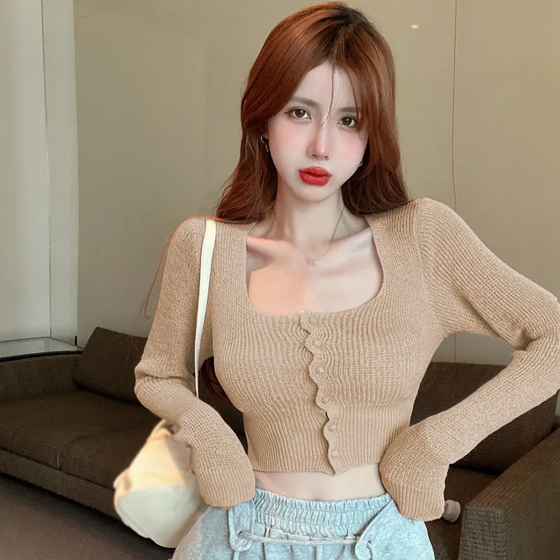 Maxct Long Sleeve Square Neck Solid Color Short Top Knitted Air Conditioning Shirt Women's Sweater