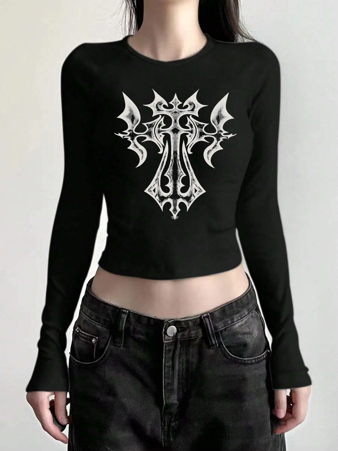 Maxct American Hot Girl round Neck Shoulder Long Sleeve Navel Top Fashion Street Slim Short T-shirt for Women
