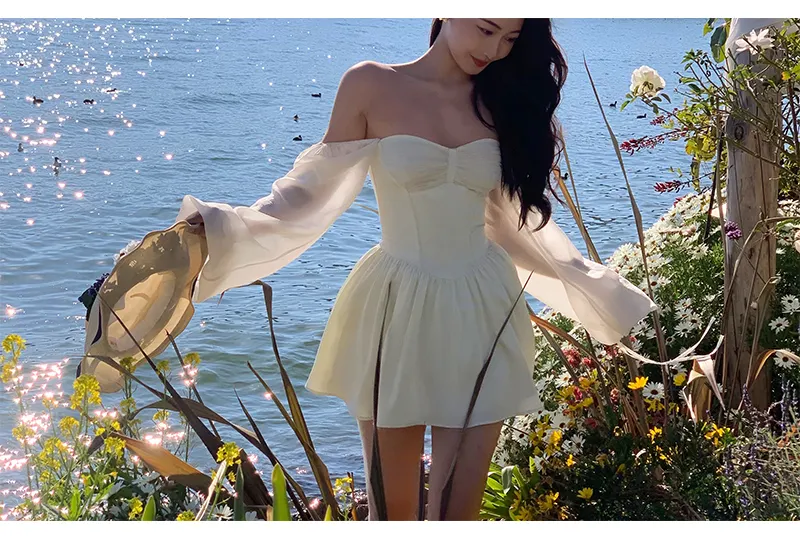 Voguable White Bubble Sleeve Dress Niche Design Pure Princess Skirt Girl Elegantes Party Prom Vintage Evening Y2k