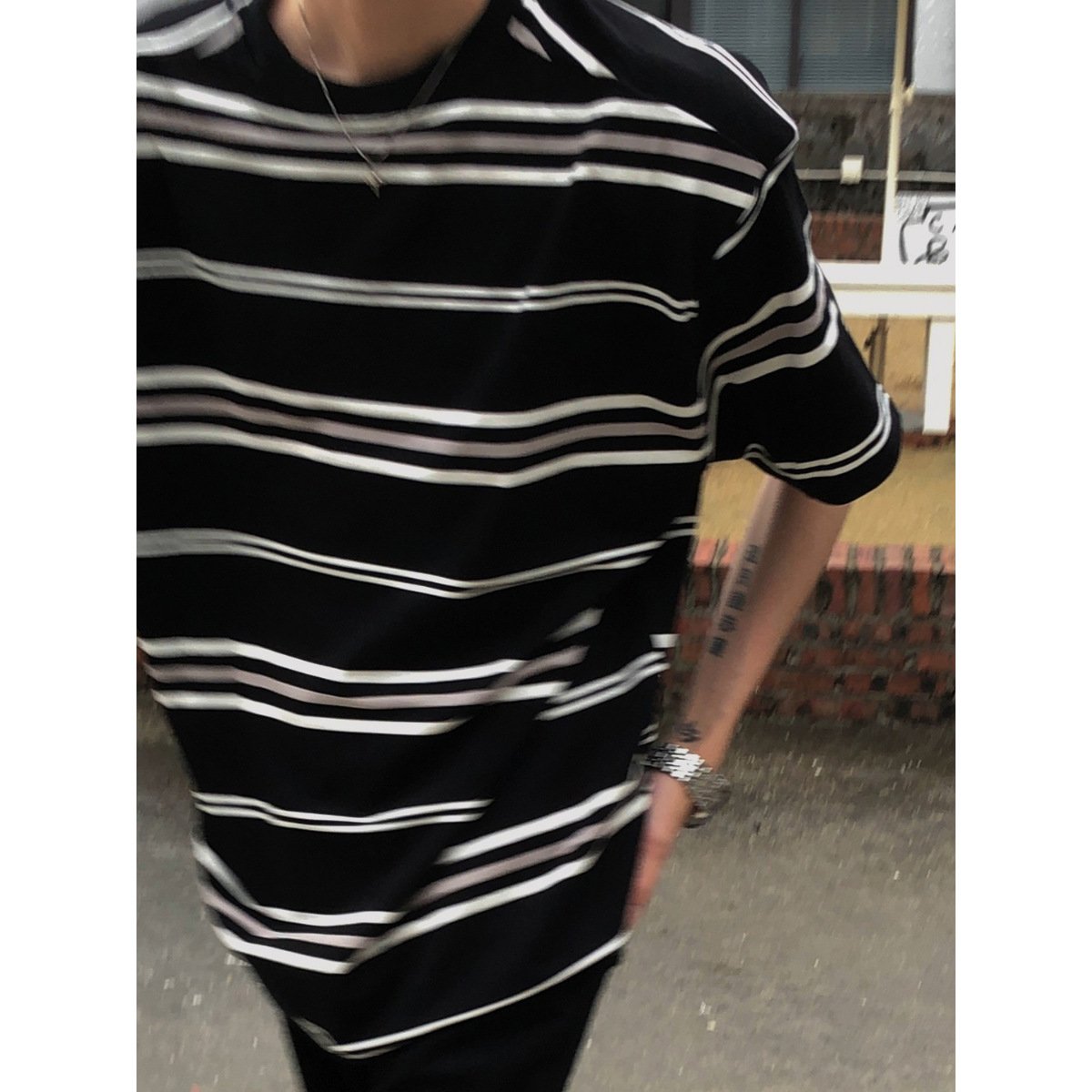 Maxct 90s Streetwear American Style Retro Black And White Striped Short-sleeved T-shirt Men's Trendy Brand Pure Cotton Lazy Style Oversize Summer New Half-sleeved T-shirt