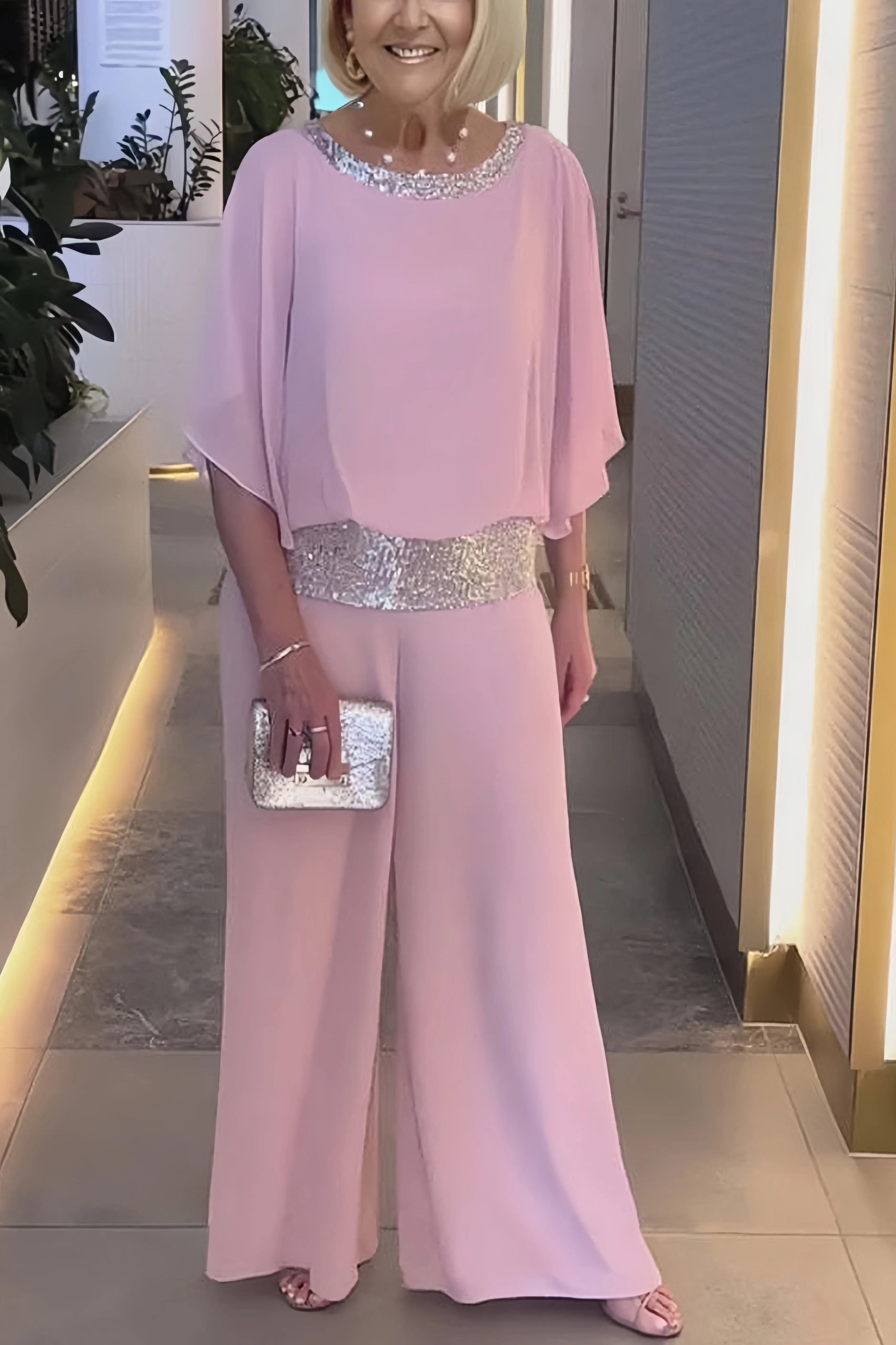 Maxct Sequins Patchwork Bat Sleeve Tops Pants Suits