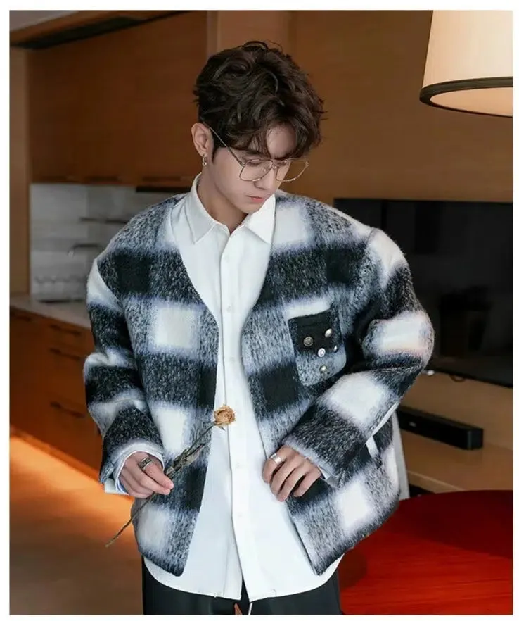 Maxct V-neck Color Striped Woolen Coat