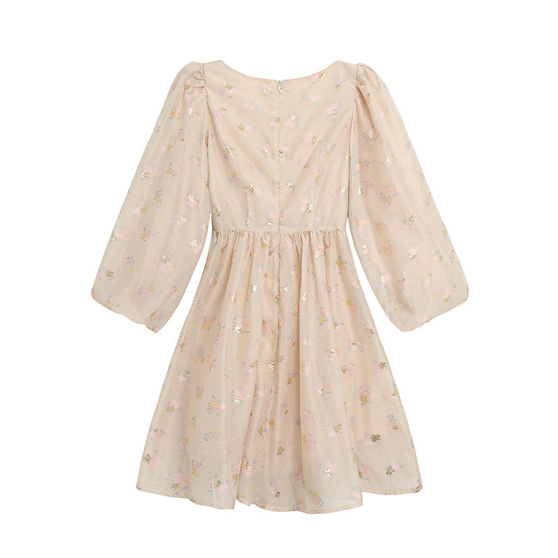 Puff Sleeve Bow Floral Jacquard Dress Maxct