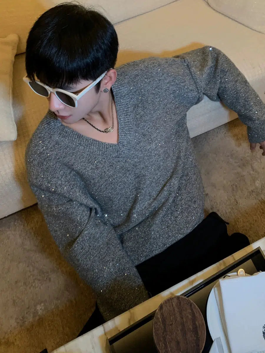Maxct Gray V-neck Sequined Sweater