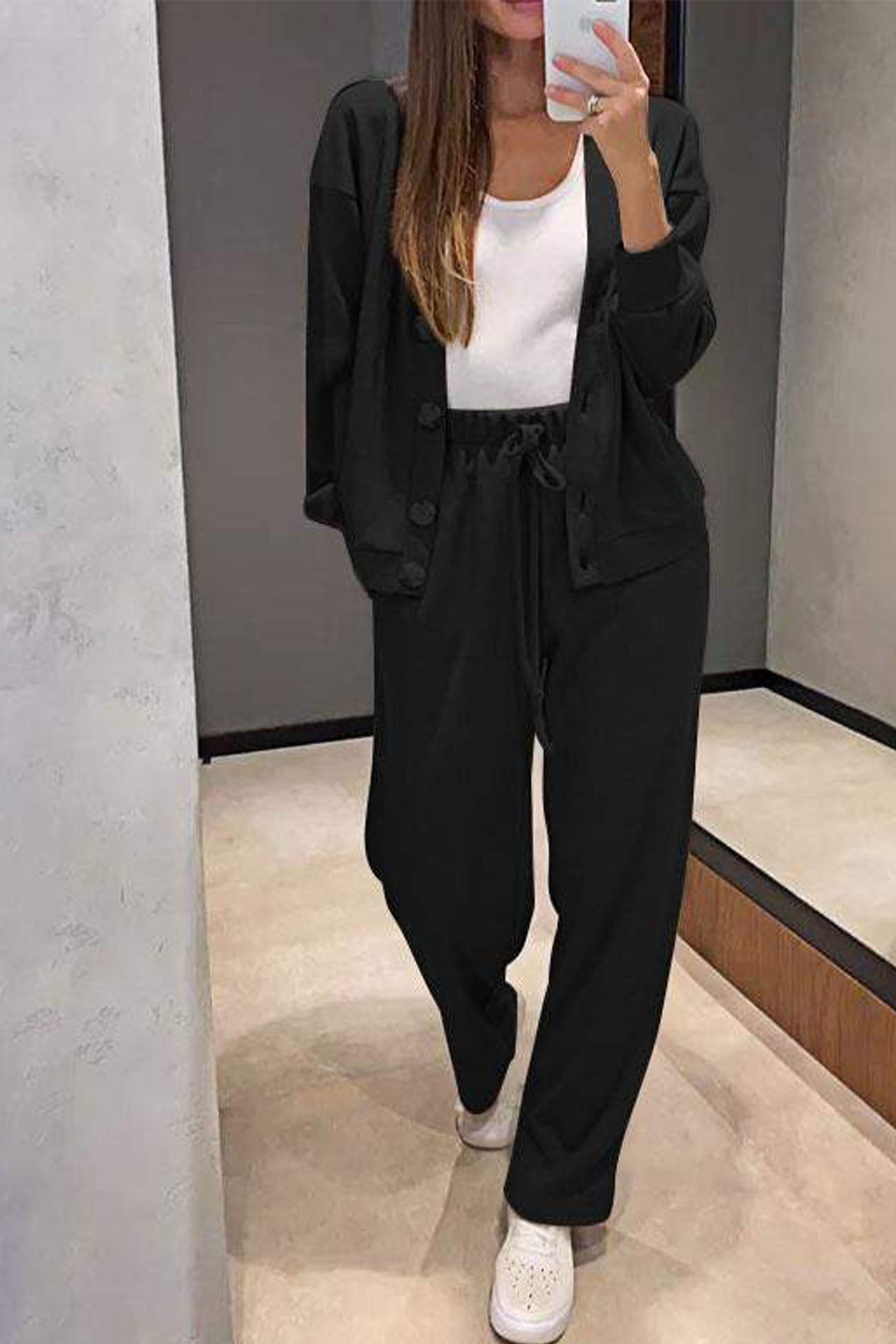 Maxct Solid Color Button Down Cardigan Long Pants Set