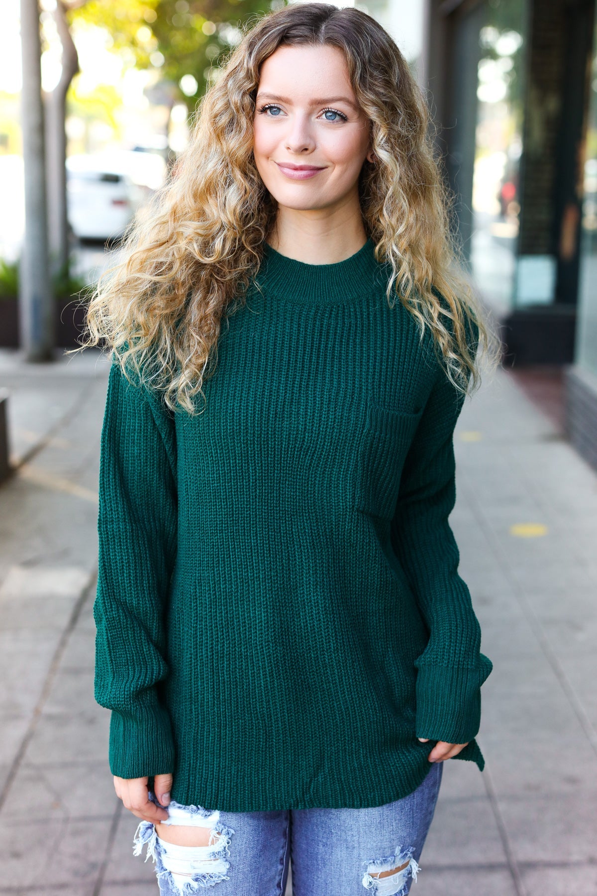 Maxct &Classy Chic Hunter Green Mock Neck Chest Pocket Knit Sweater