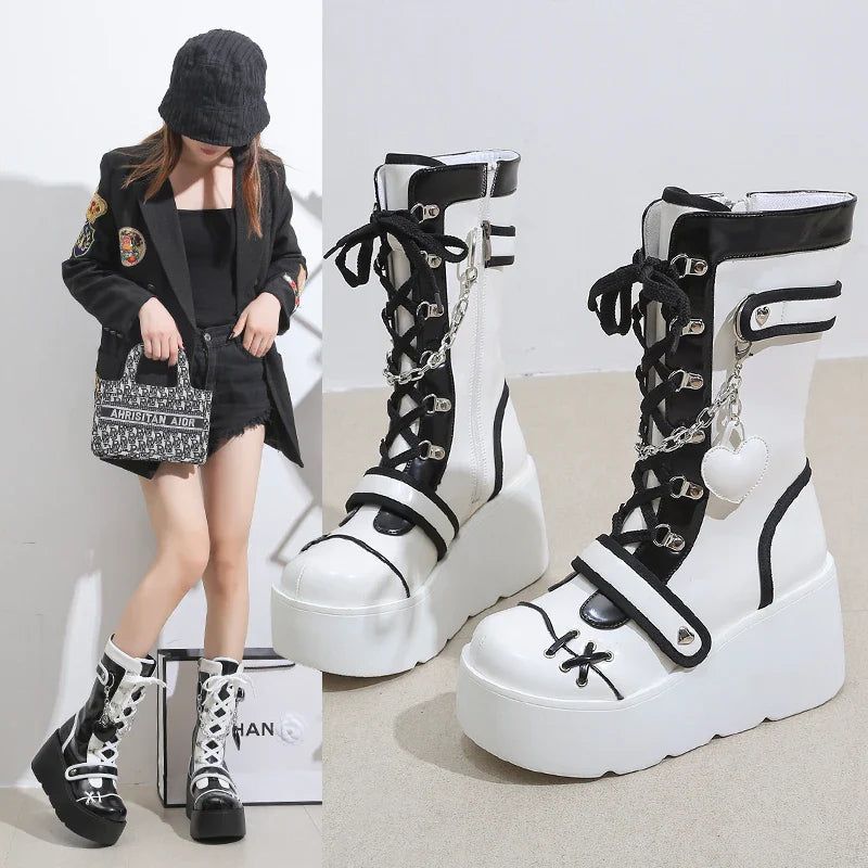 Platform Wedge Women's Punk Boots Black and White Gothic Style Maxct