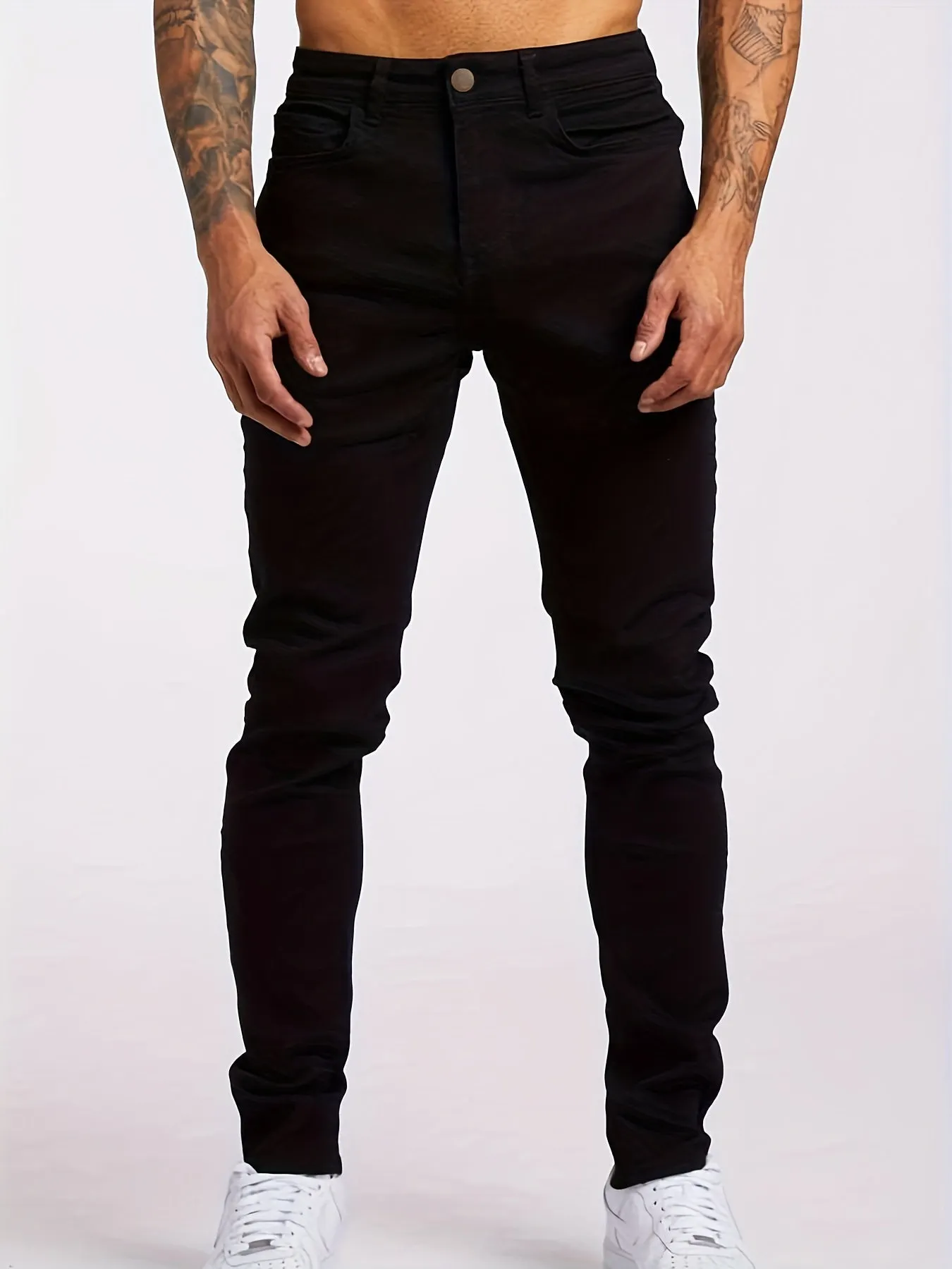 Maxct  Slim Fit Jeans, Men's Casual Street Style Solid Color Mid Stretch Denim Pants For Spring Summer