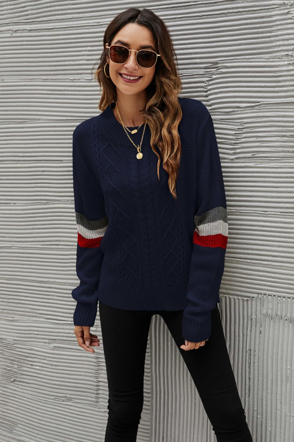 Maxct &Feeling You Best Striped Cable-Knit Round Neck Sweater