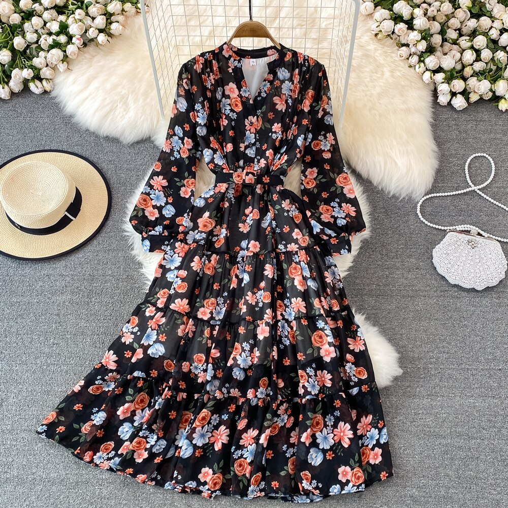 Floral Midi Dress Women Elegant V-Neck Lantern Long Sleeve High Waist Draped A-Line Casual Vestidos Female Spring Autumn