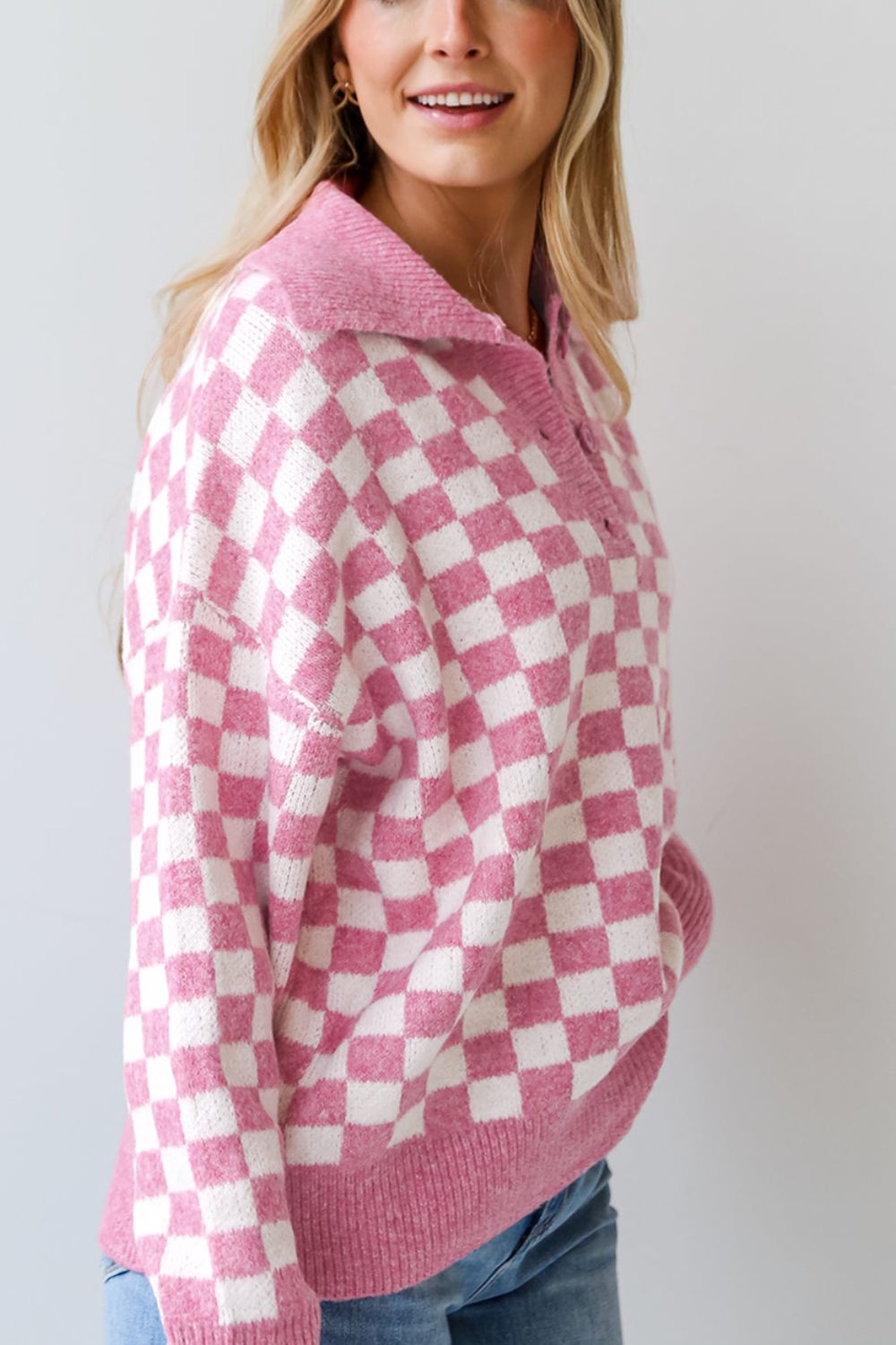 Maxct &Checkered Collared Neck Long Sleeve Sweater