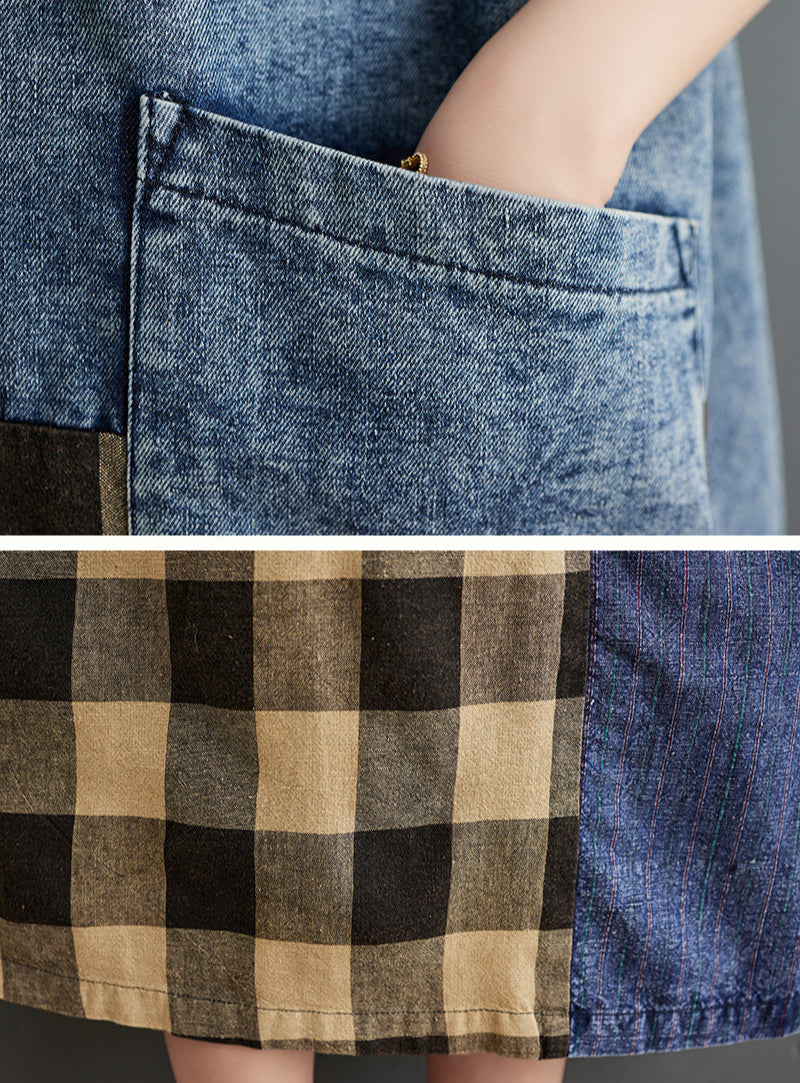 Retro Plaid Patchwork V-Neck Sleeveless Denim Midi Dress