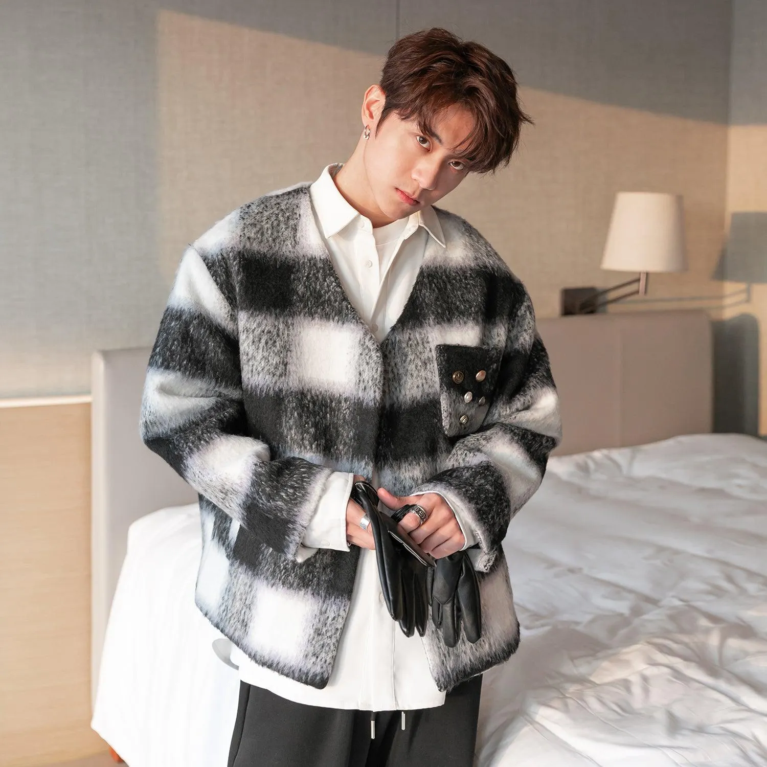 Maxct V-neck Color Striped Woolen Coat
