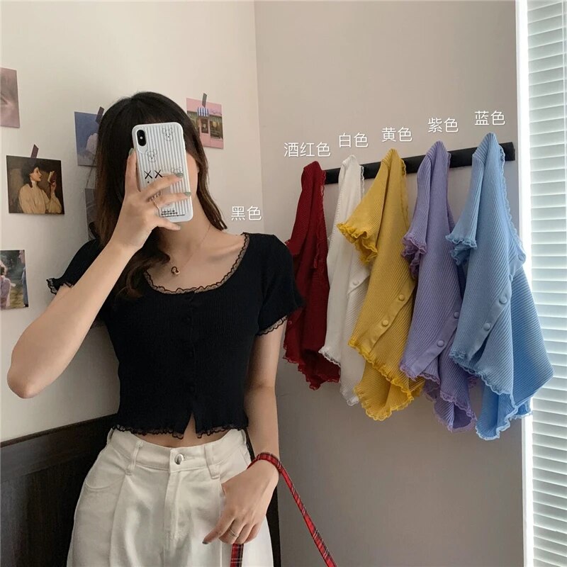Maxct Women Patched Lace O-Neck Knitted Short Sleeve Thin Sweaters Cardigans Lady Single-breasted Buttons Sweater Crop Tops Female