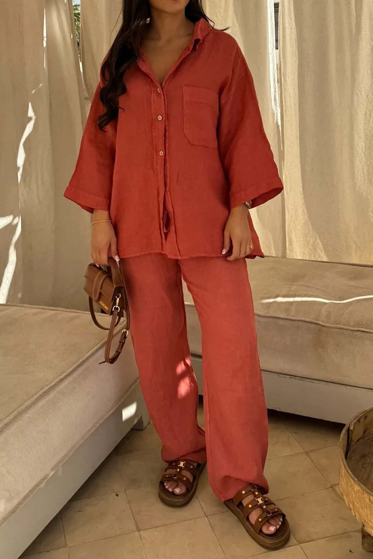 Maxct Lapel Button Shirt Long Pant Set