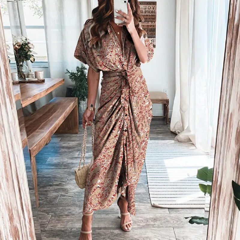 Maxct Short Sleeve Spring Dresses Fashion Summer Turn-down Collar Women Party Dress Elegant Button Office Lady Shirt Dress