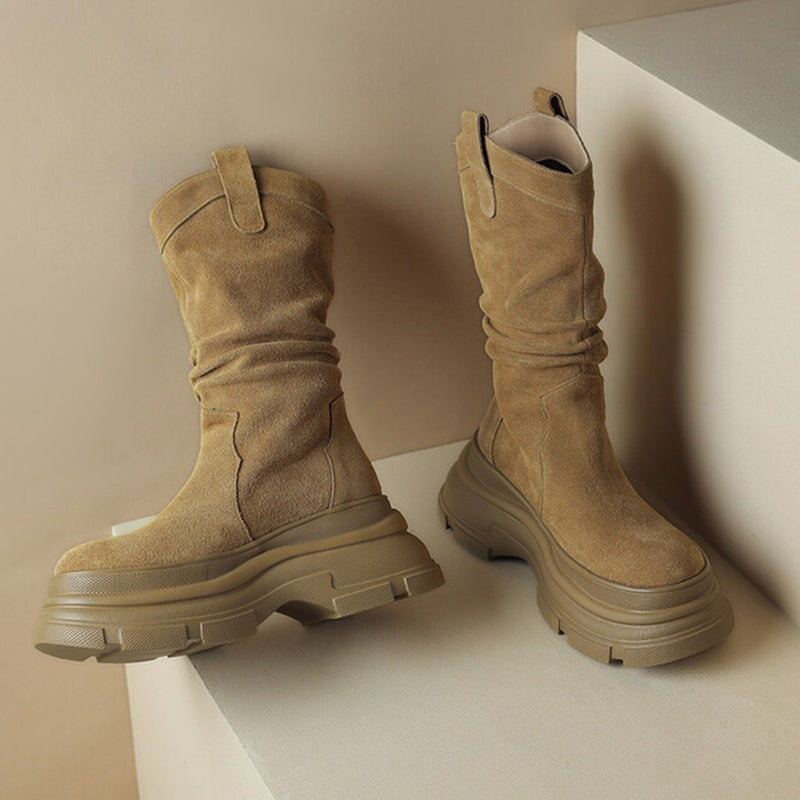 Suede Mid Calf Chunky Western Boots Maxct