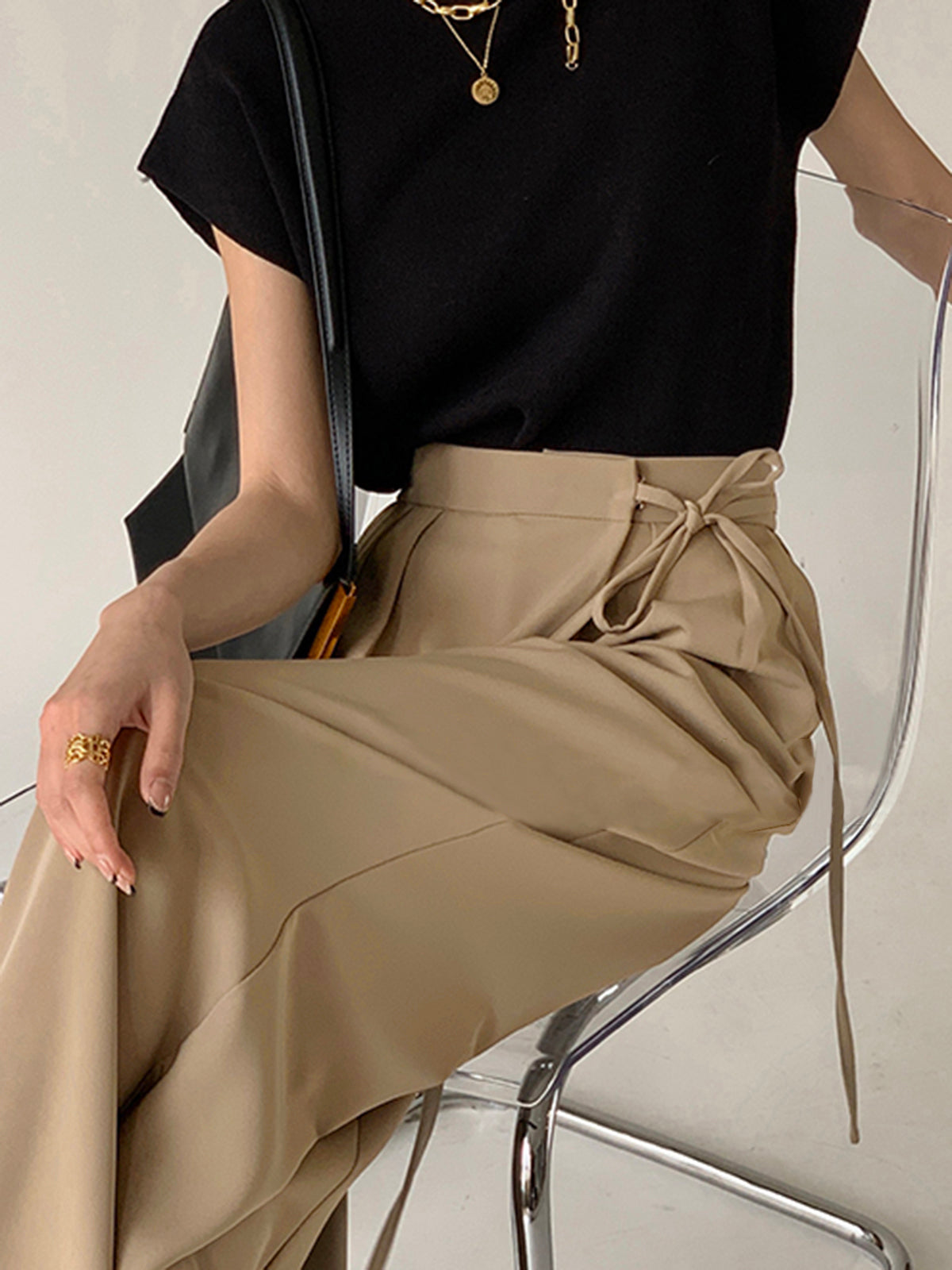 Maxct Tie Waist Flowy Wide Leg Dress Pants