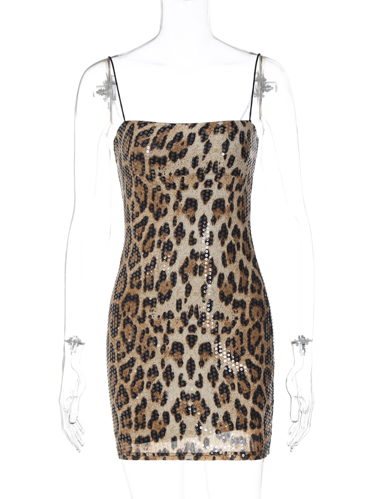 Leopard Print Spaghetti Shoulder Strap Square Collar Mini Dress Sparkly Sequins Party Club Y2K Clothes