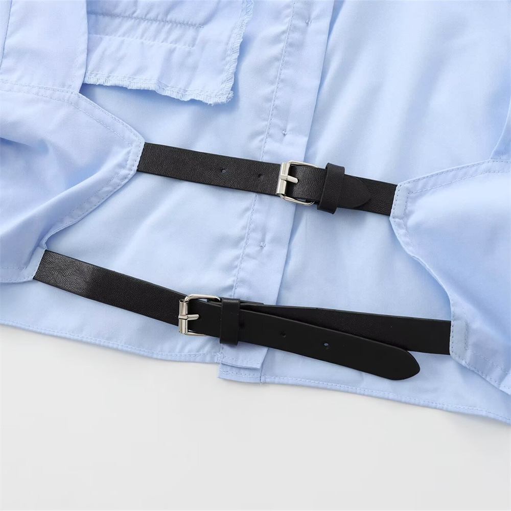 Autumn New Product Women's Fashion Style Blue Backless Belt Poplin Turnover Long Sleeve Shirt