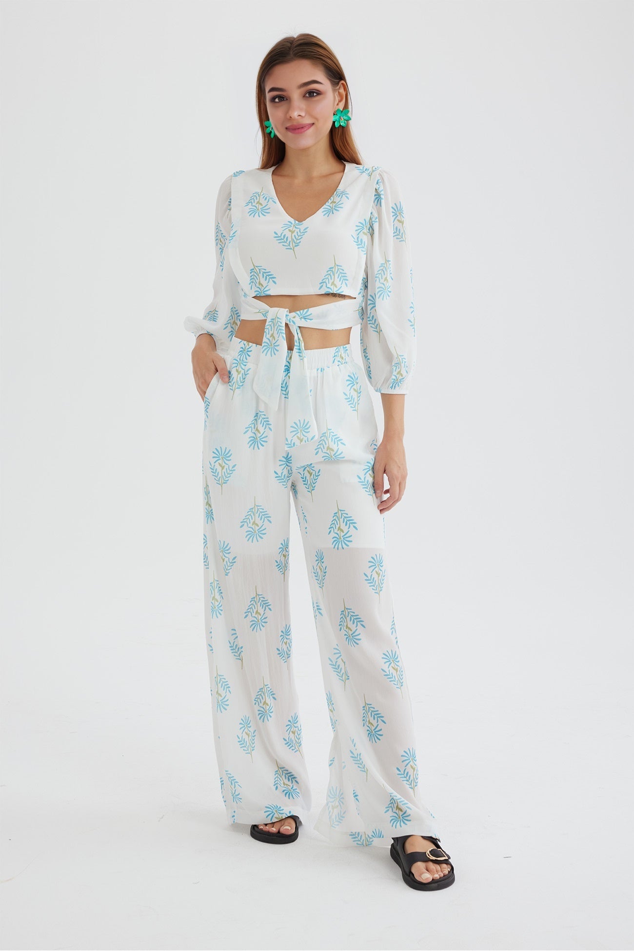 Maxct Floral Print Puff Sleeve Knotted-front Tops Long Pants Suits
