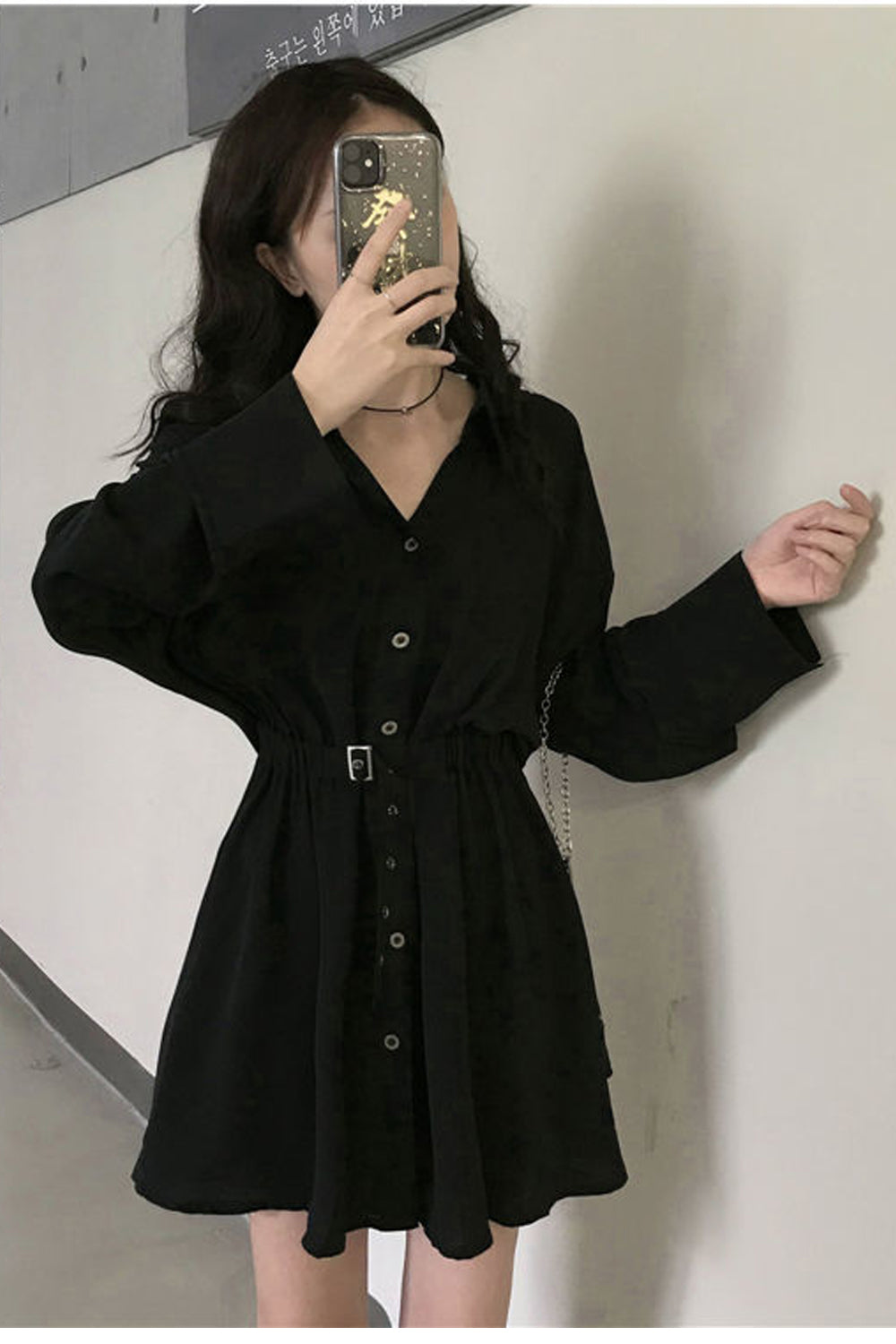 Long Sleeve Turn Down Collar Button Black Dress Maxct
