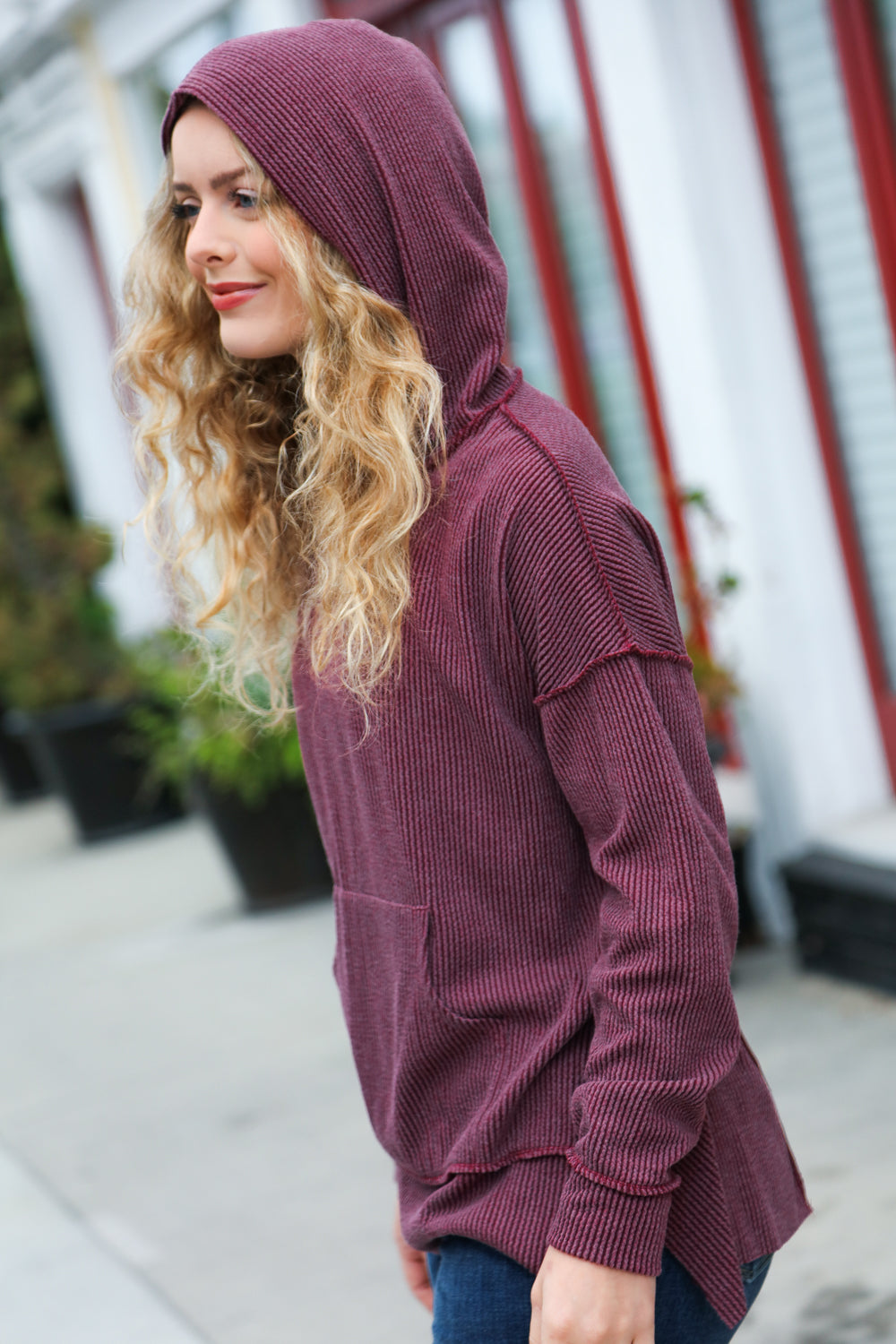 Maxct &A New Day Burgundy Mineral Wash Rib Knit Hoodie