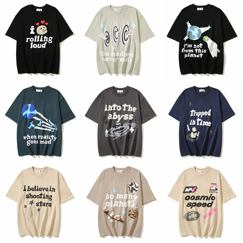 Maxct 90S Streetwear Bp American Retro Street Cartoon Letter Foam Printing Wash Men'S And Women'S Os High Street Short Sleeve T-Shirt Men'S And Women'S Same Style