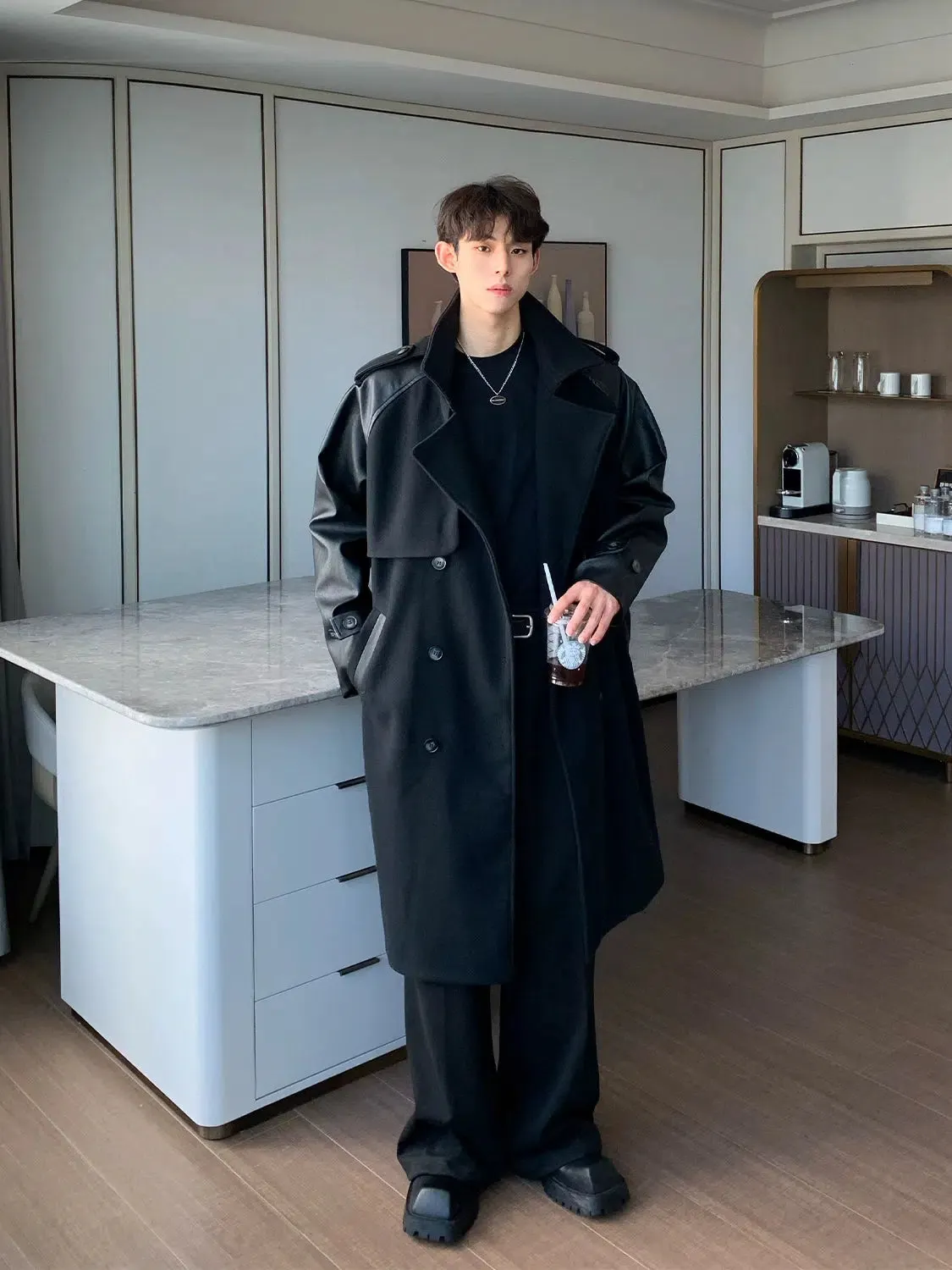 Maxct PU Leather Patchwork Wool Trench Coat