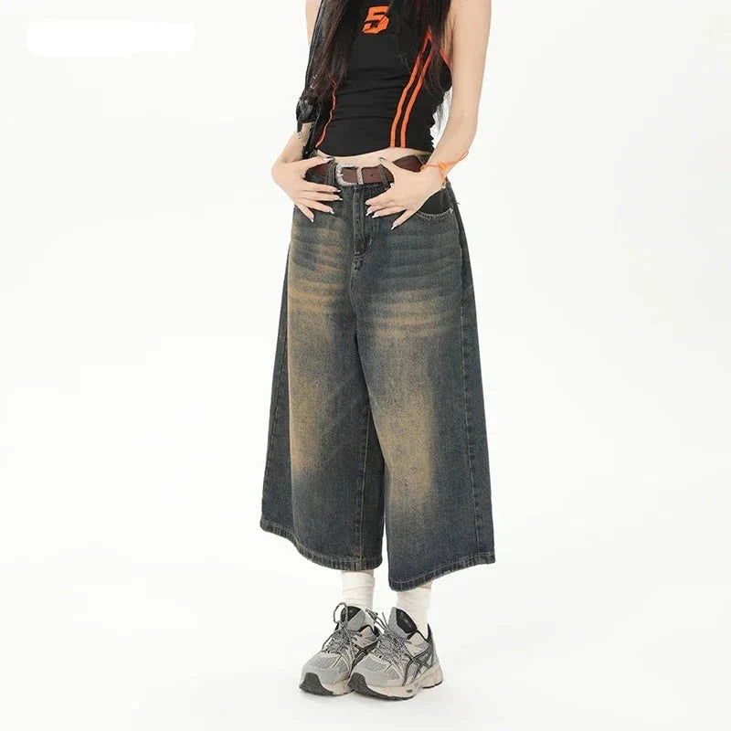 Vintage Streetwear Wide Leg Denim Shorts Y2K Fashion Loose Knee-Length Pants Maxct