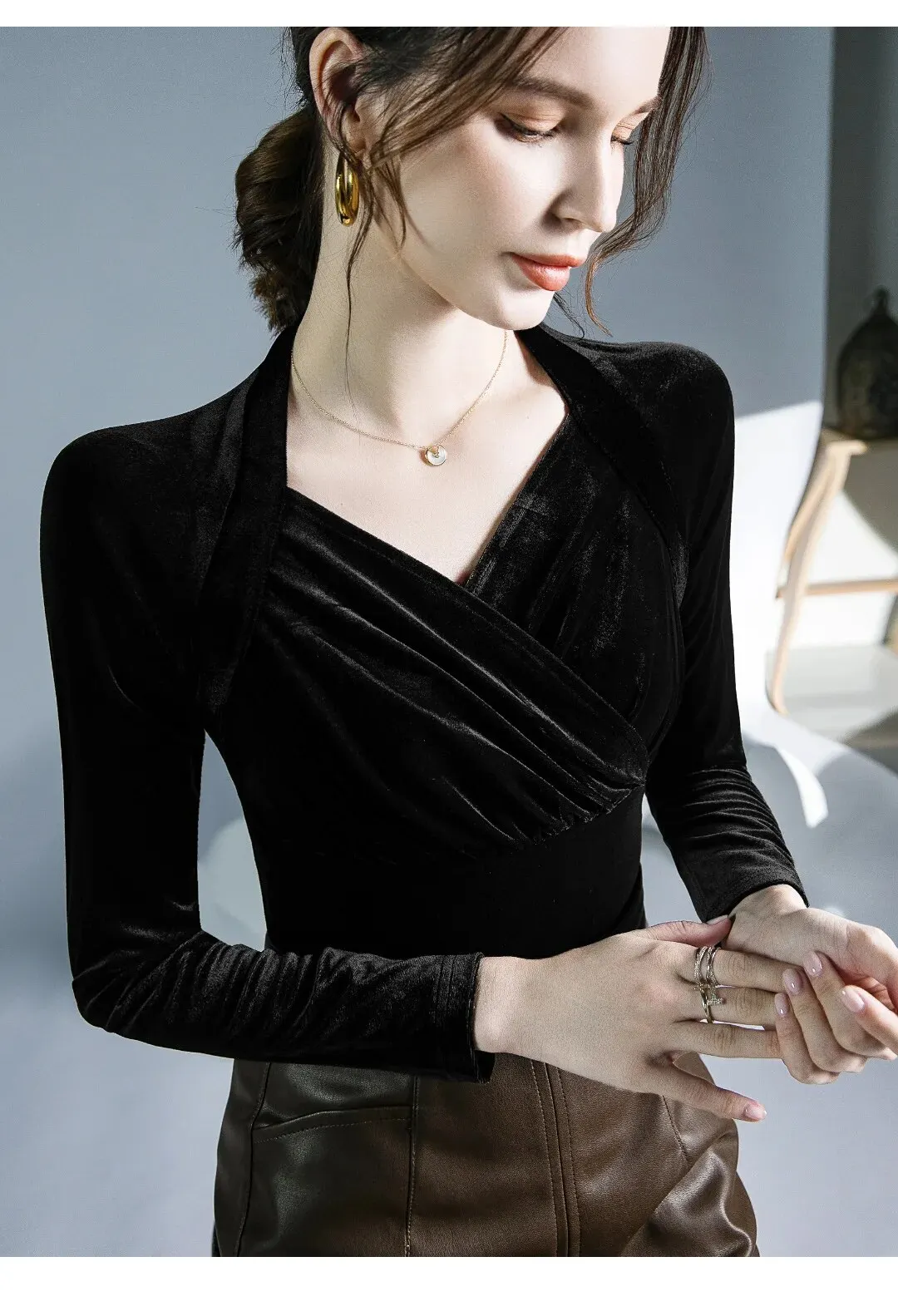 Maxct TShirt Women Full Sleeve Vintage Crossed V Neck Tee Shirts Lady Stretchy Soft Fashion Base Tops T-shirts For Girls