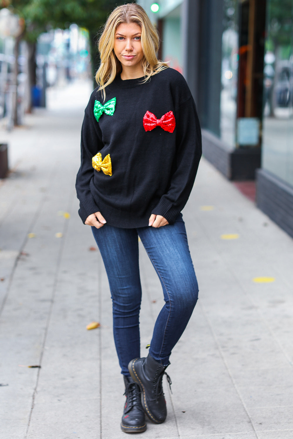 Maxct &Be Merry Black Multicolor Sequin Bow Knit Sweater