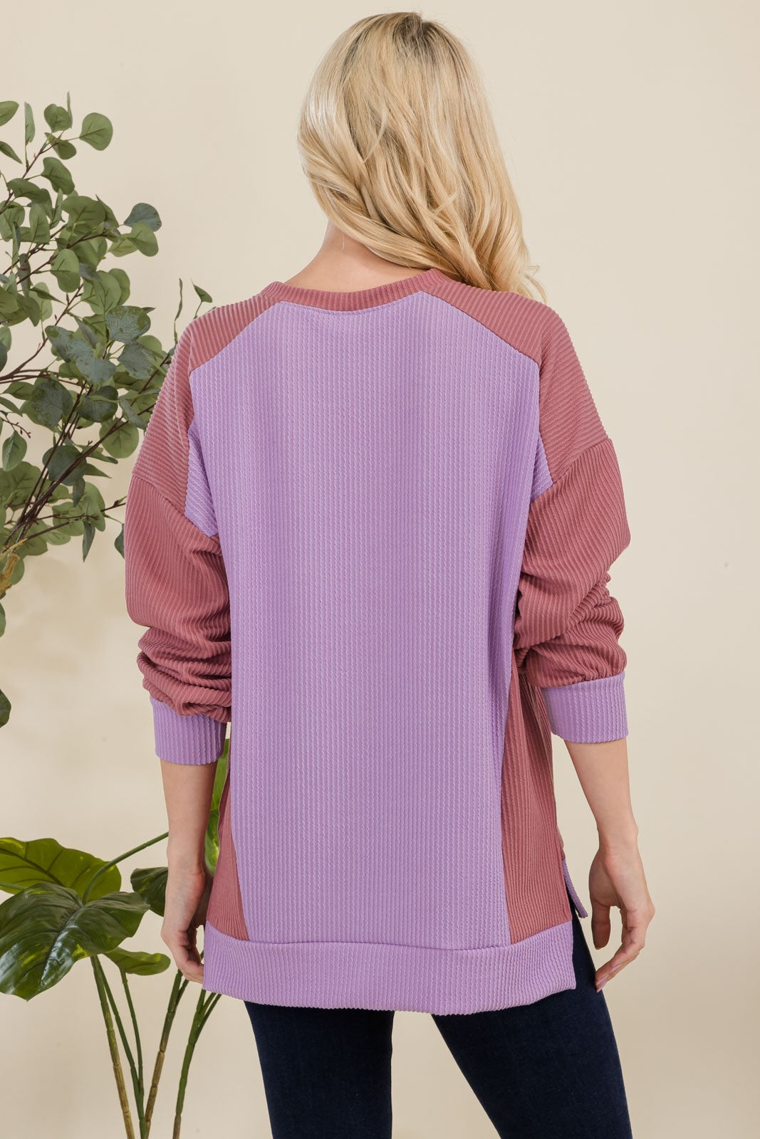 Maxct &Celeste Full Size High-Low Contrast Round Neck Sweatshirt