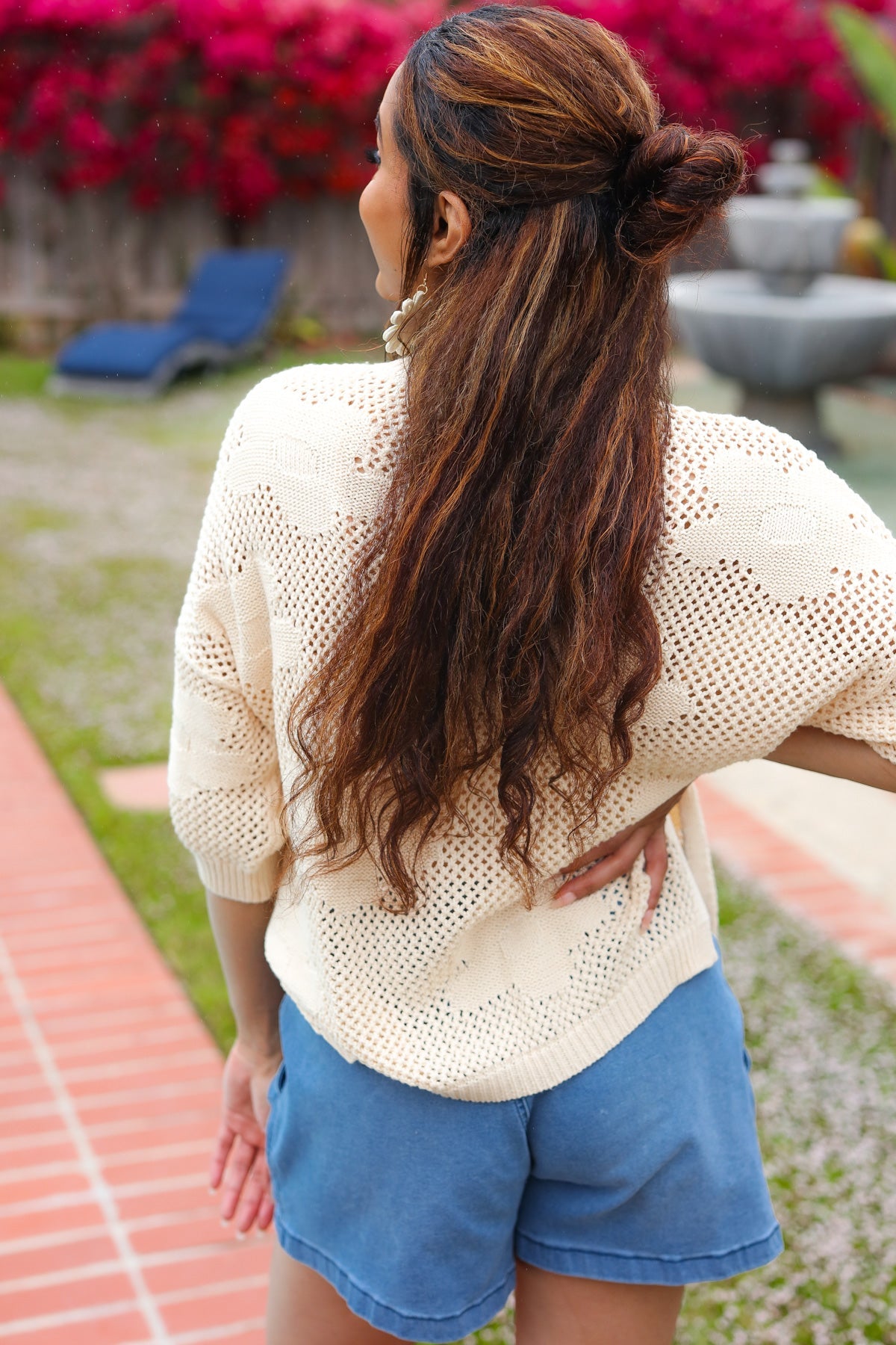 Maxct &Feel Charming Oatmeal Floral Netted Crochet 3/4 Sleeve Sweater Top