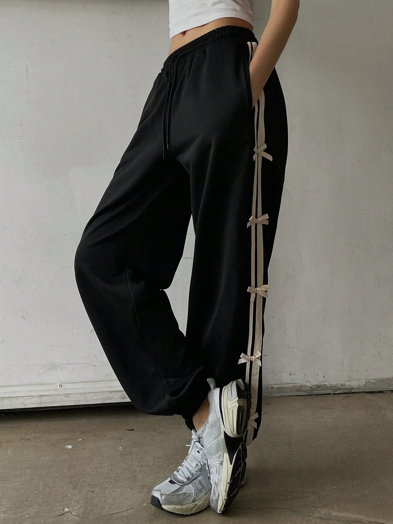 Maxct Elastic Waist Decorated Long Harem Pants With A Loose Fit And Woven Ribbon Bow For Women