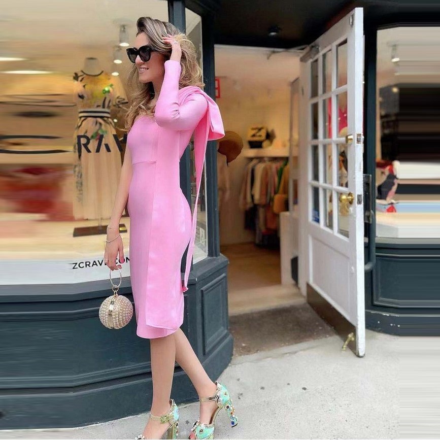 High-end Women's Rich And Golden Style Bandage Dress Three-dimensional Big Bow Shoulder Waisted Dinner Cocktail Dress