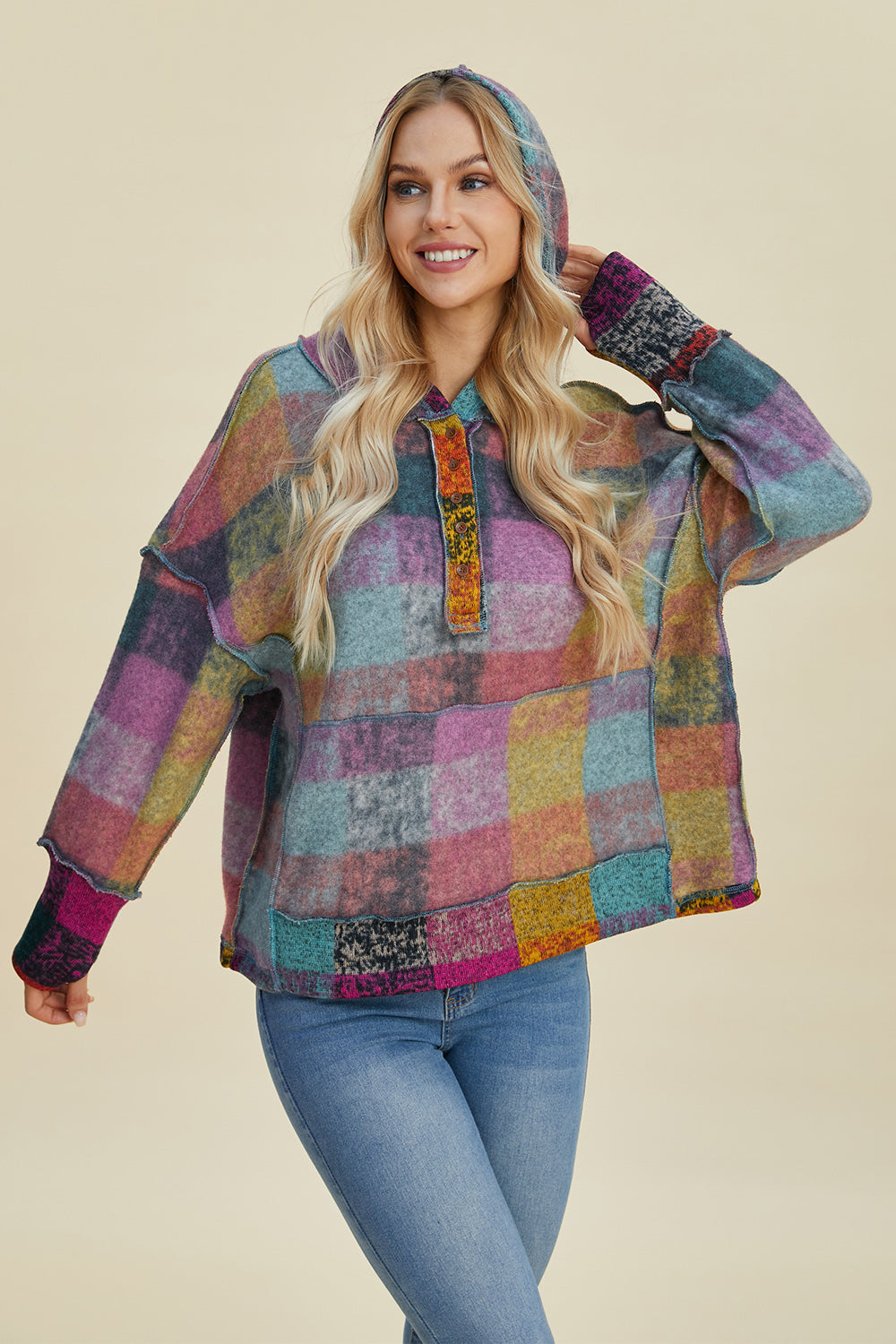 Maxct &Double Take Full Size Plaid Dropped Shoulder Fleece Hoodie