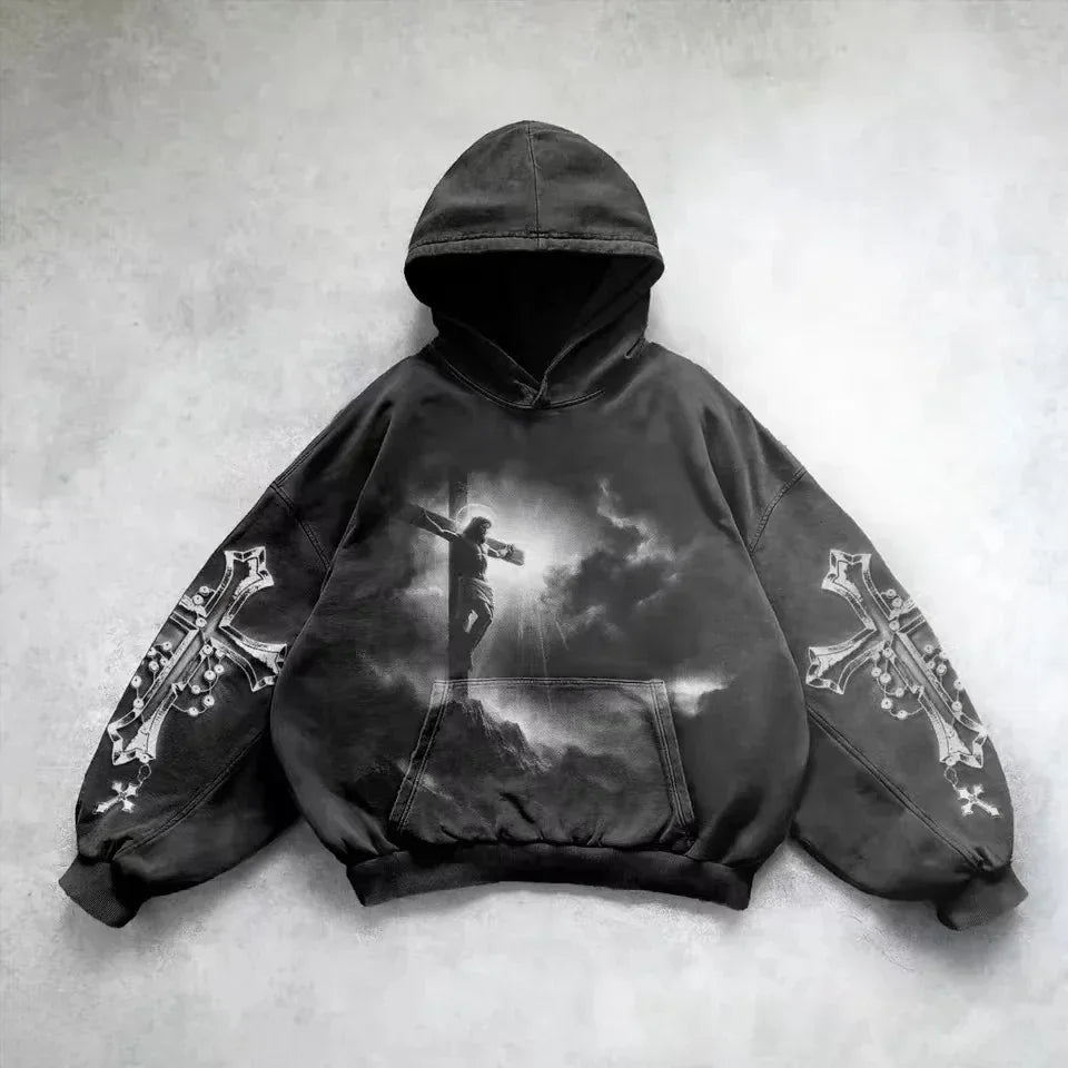 Maxct Heavy Washed Man Hoodie Sweatshirt Y2k Gothic Clothes Retro Streetwear Pattern Women Pullover Casual Fashion for Men Harajuku