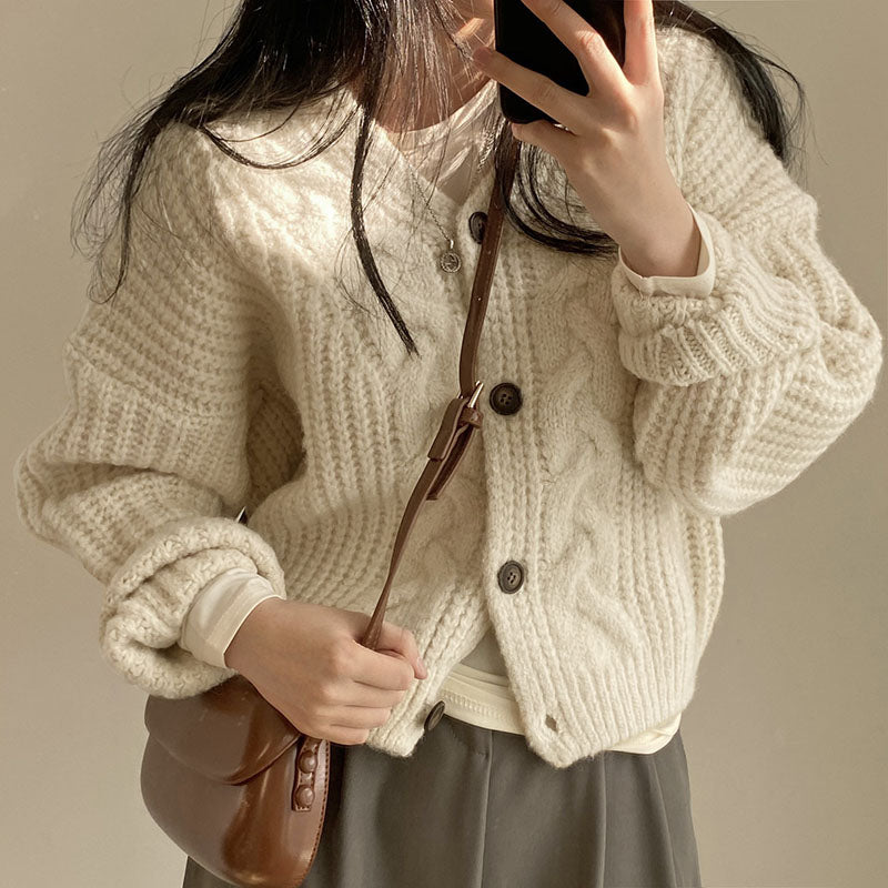 Maxct Solid V Neck Puff Sleeve Cable Knit Cardigan