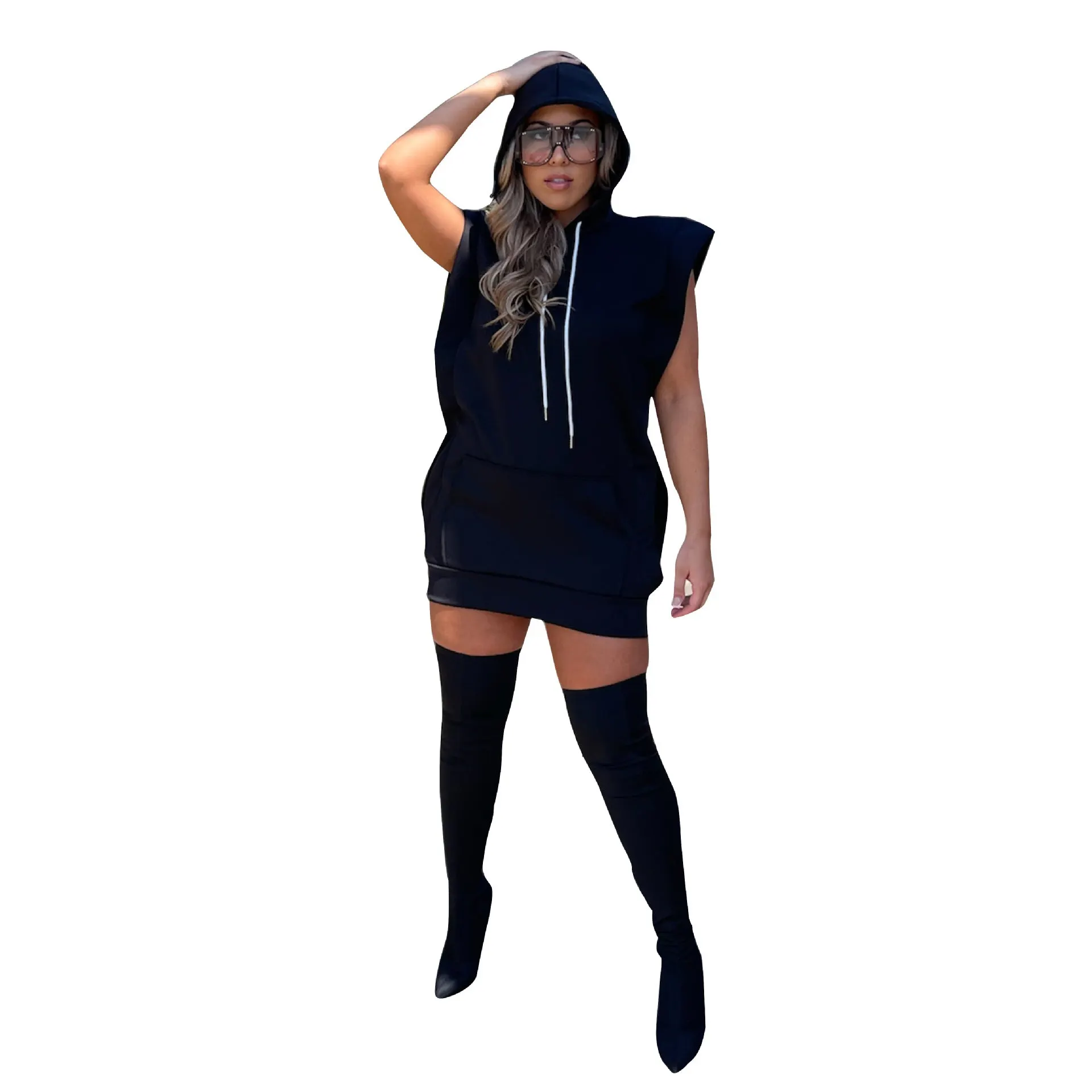 Hooded Solid Color Casual Sweatshirt Dress Maxct