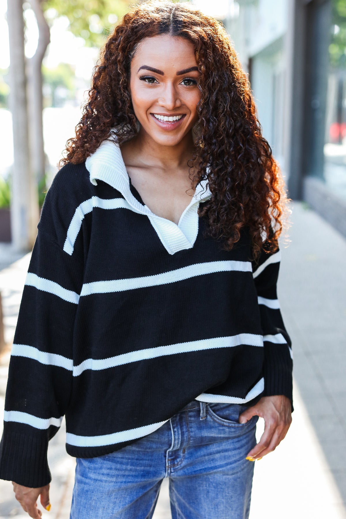 Maxct &Fall For You Black Stripe Notched Neck Collared Oversized Sweater