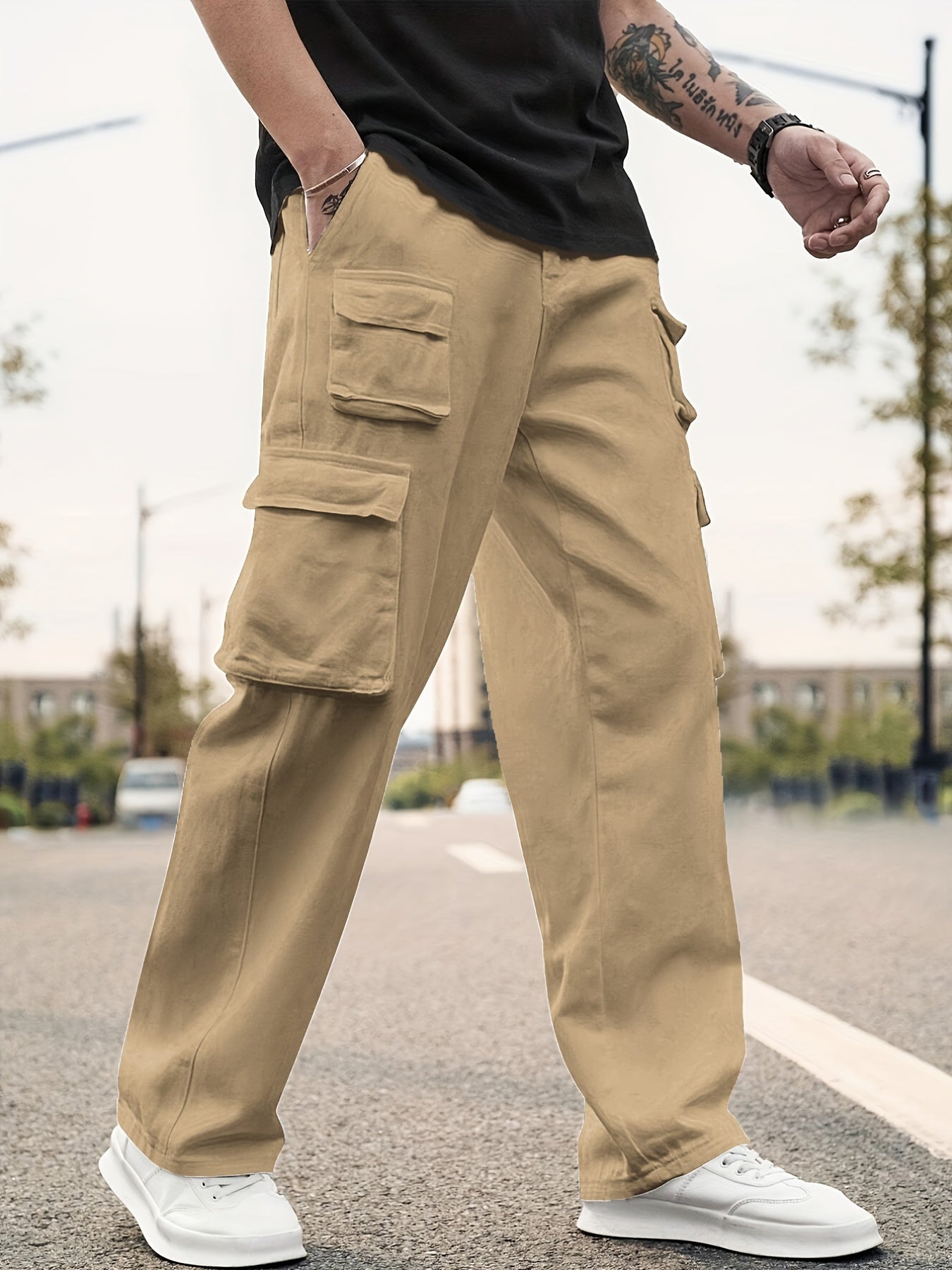 Maxct Men's Multi Flap Pocket Cargo Pants, Loose Trendy Pants