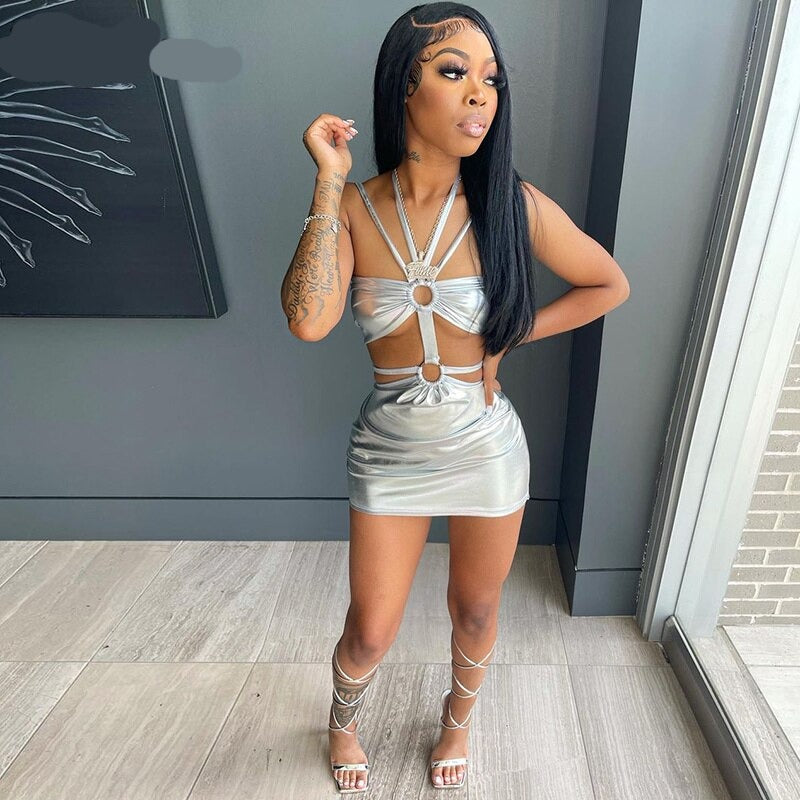 Voguable  Solid Sleeveless Bodycon Halter Hollow Out Mini Dress  Streetwear Outfits Y2K Maxct