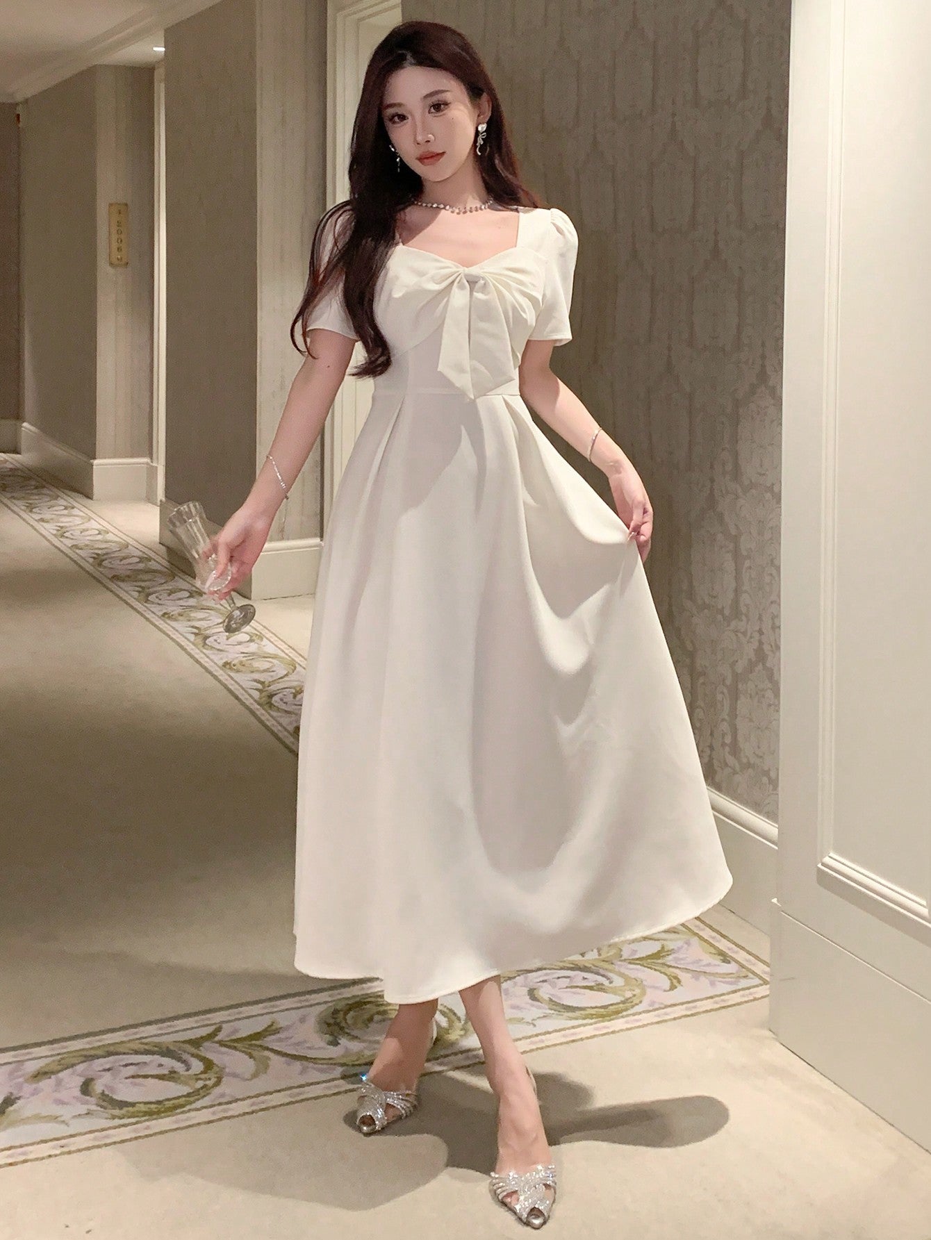 Maxct Women's Solid Color Simple Daily Butterfly Decorated Dress