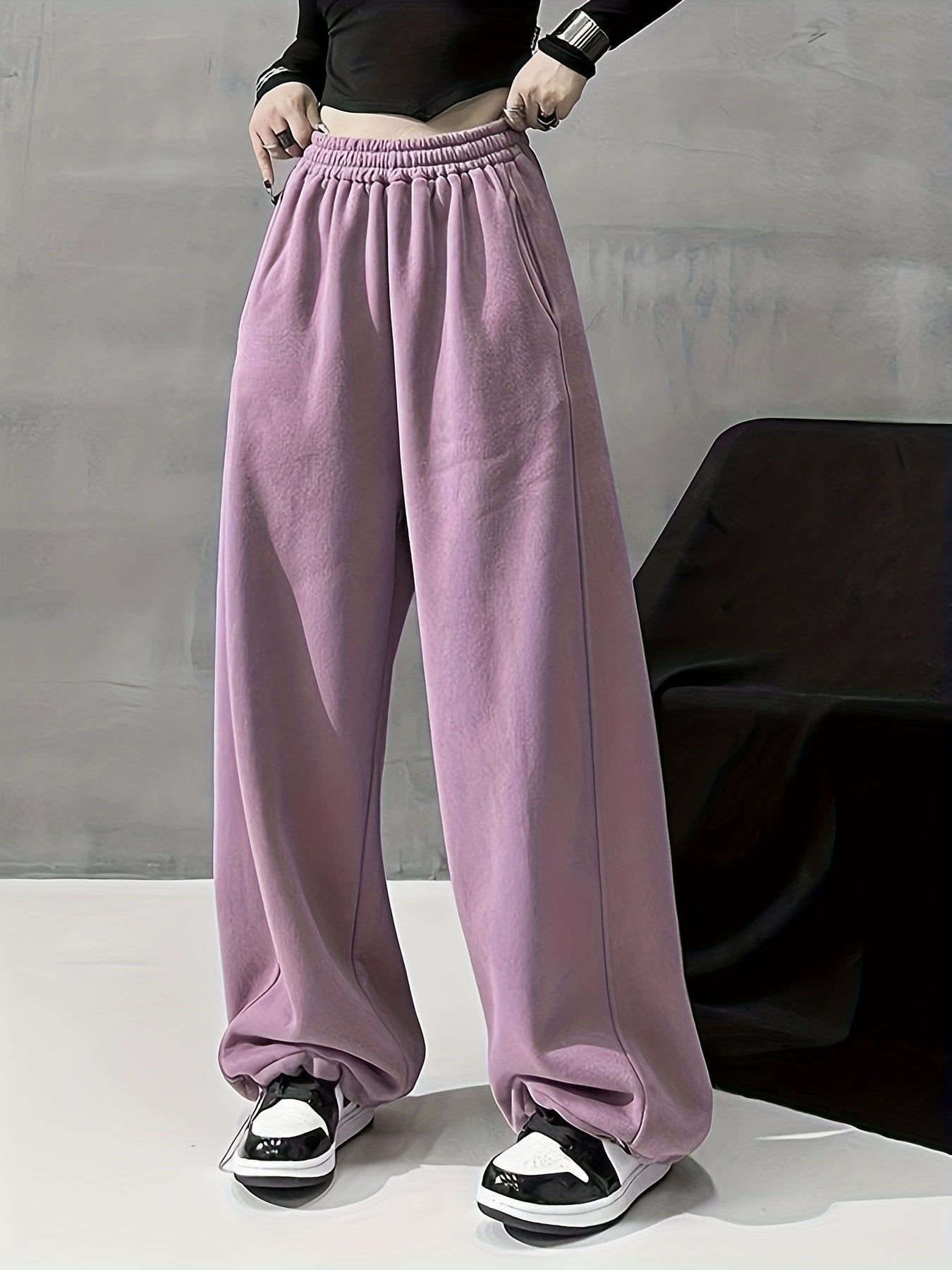 Maxct  Solid Comfy Wide Leg Pants, Casual Elastic Waist Loose Pants With Pocket, Women's Clothing
