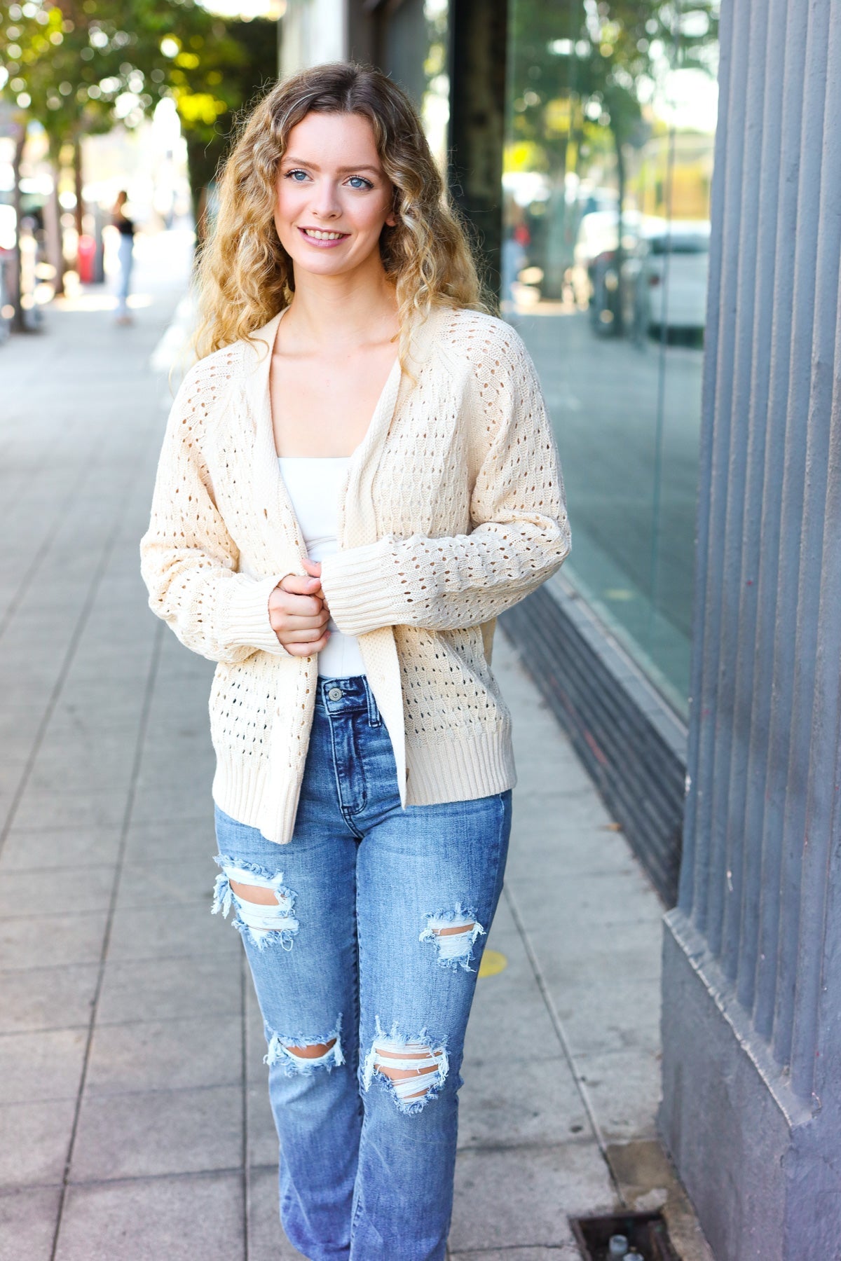 Maxct &Follow Me Oatmeal Pointelle Knit Button Down Cardigan