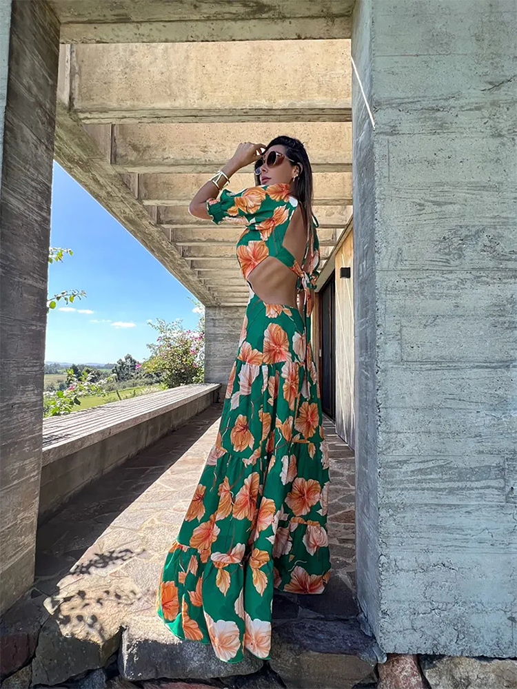 Maxct New Ruffle Sleeveless Printed Skirt Ladies V Neck Elegant Long Dress Waist Slimming Temperament Robe